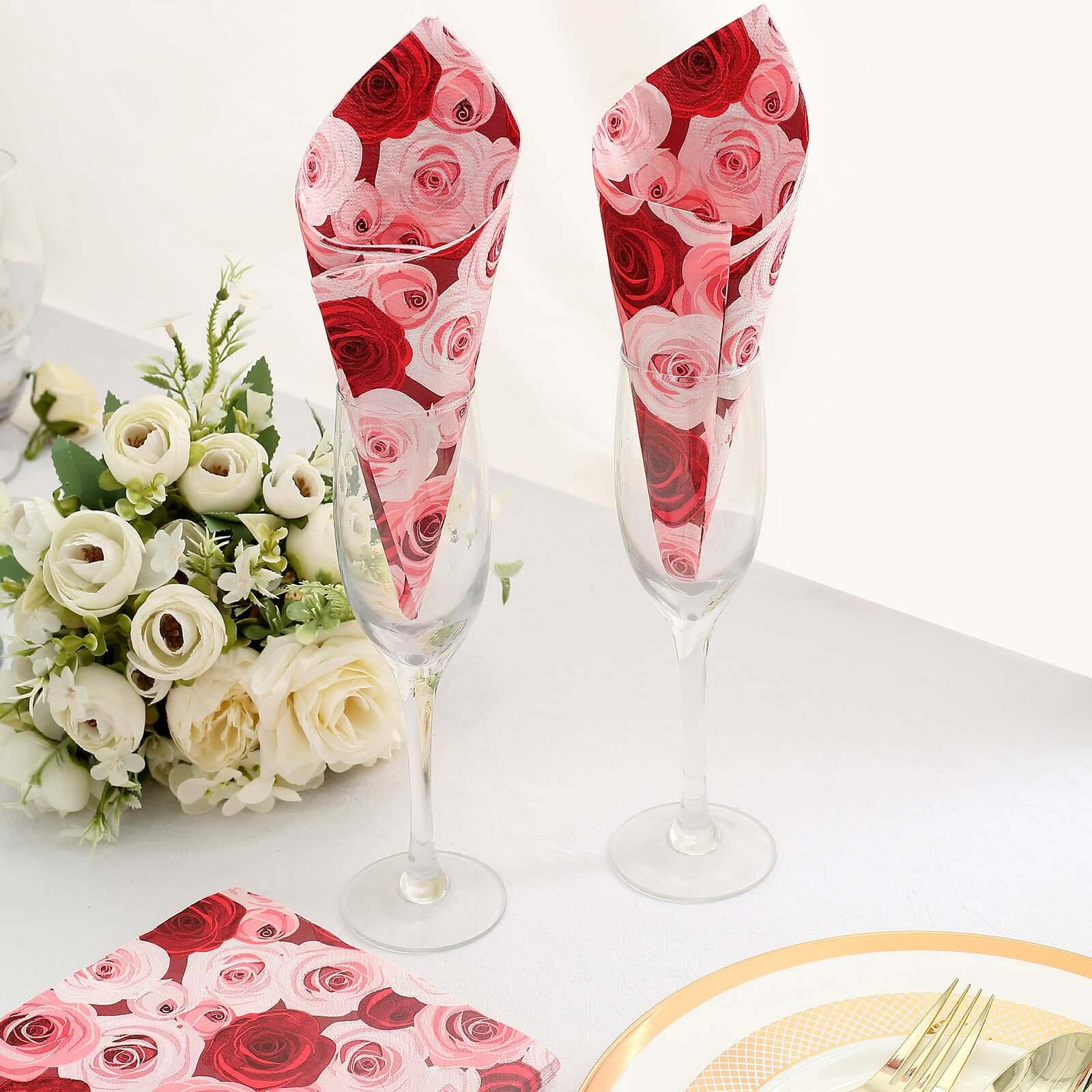 50-Pack 2-Ply Soft 18GSM Red/Pink Floral Design Paper Beverage Napkins for Weddings