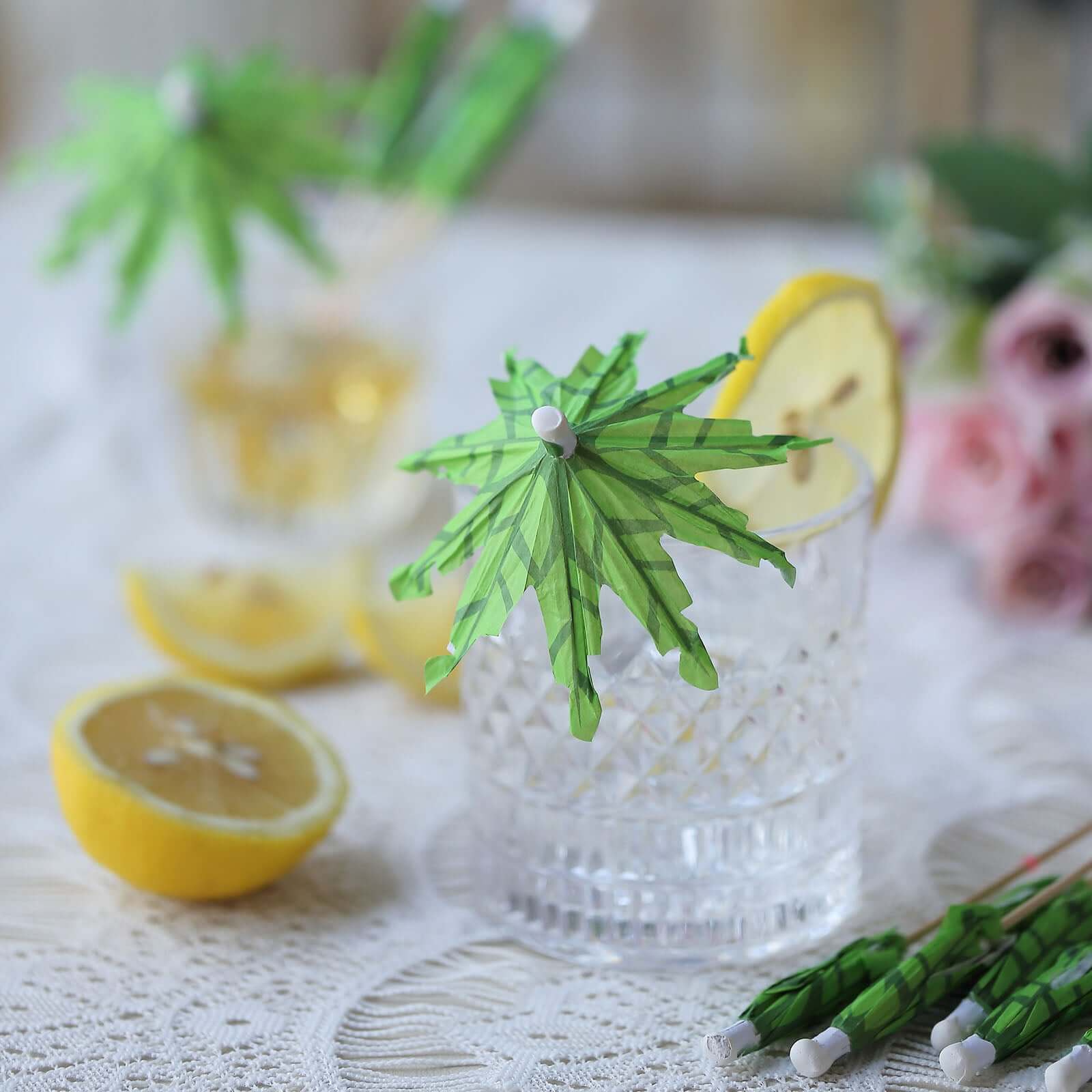 Eco-Friendly 50-Pack Green Bamboo Cocktail Picks with Tropical Leaf Parasol Design