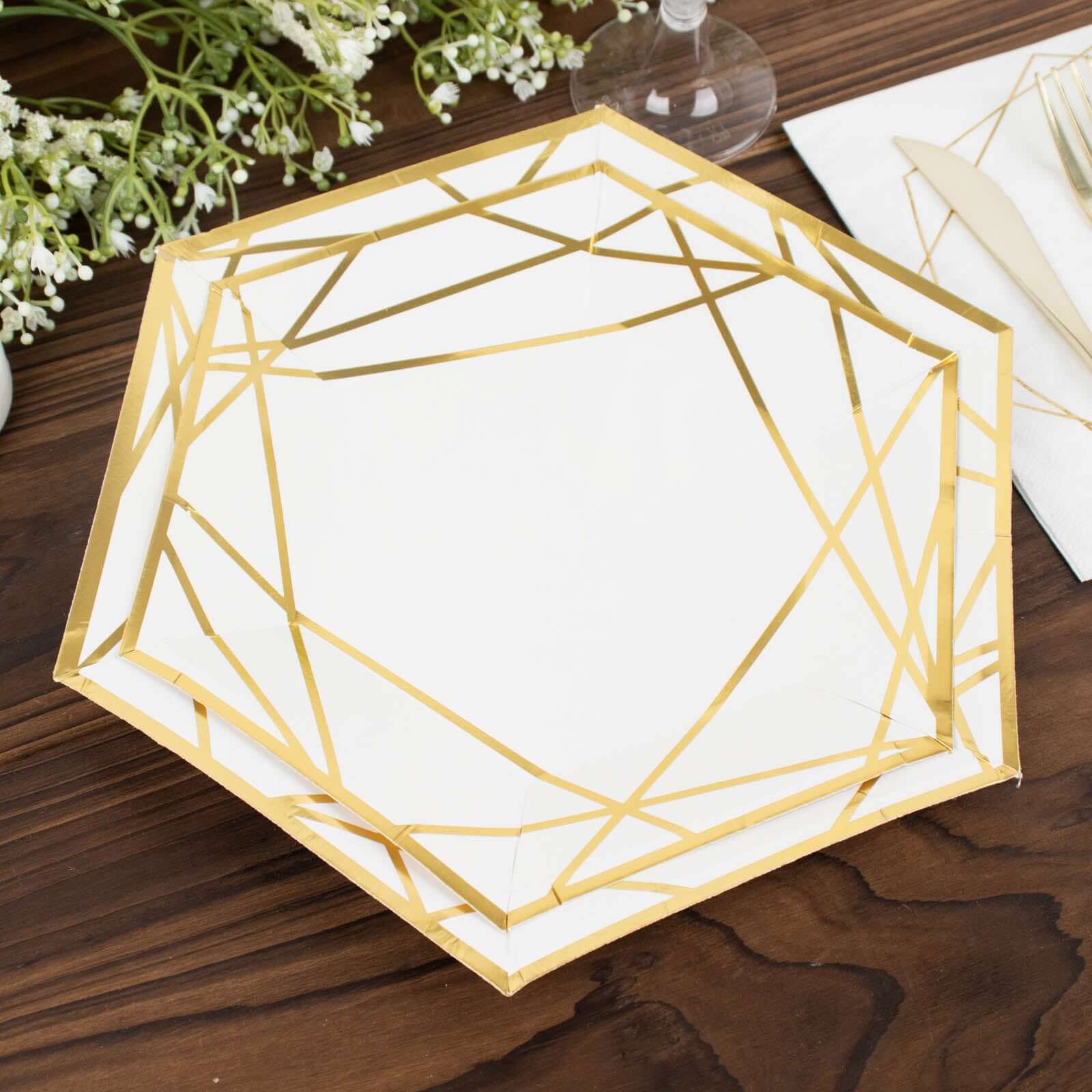 Hot Deal! 25-Pack White & Gold Geometric Hexagon Disposable Paper Dessert Plates for Events