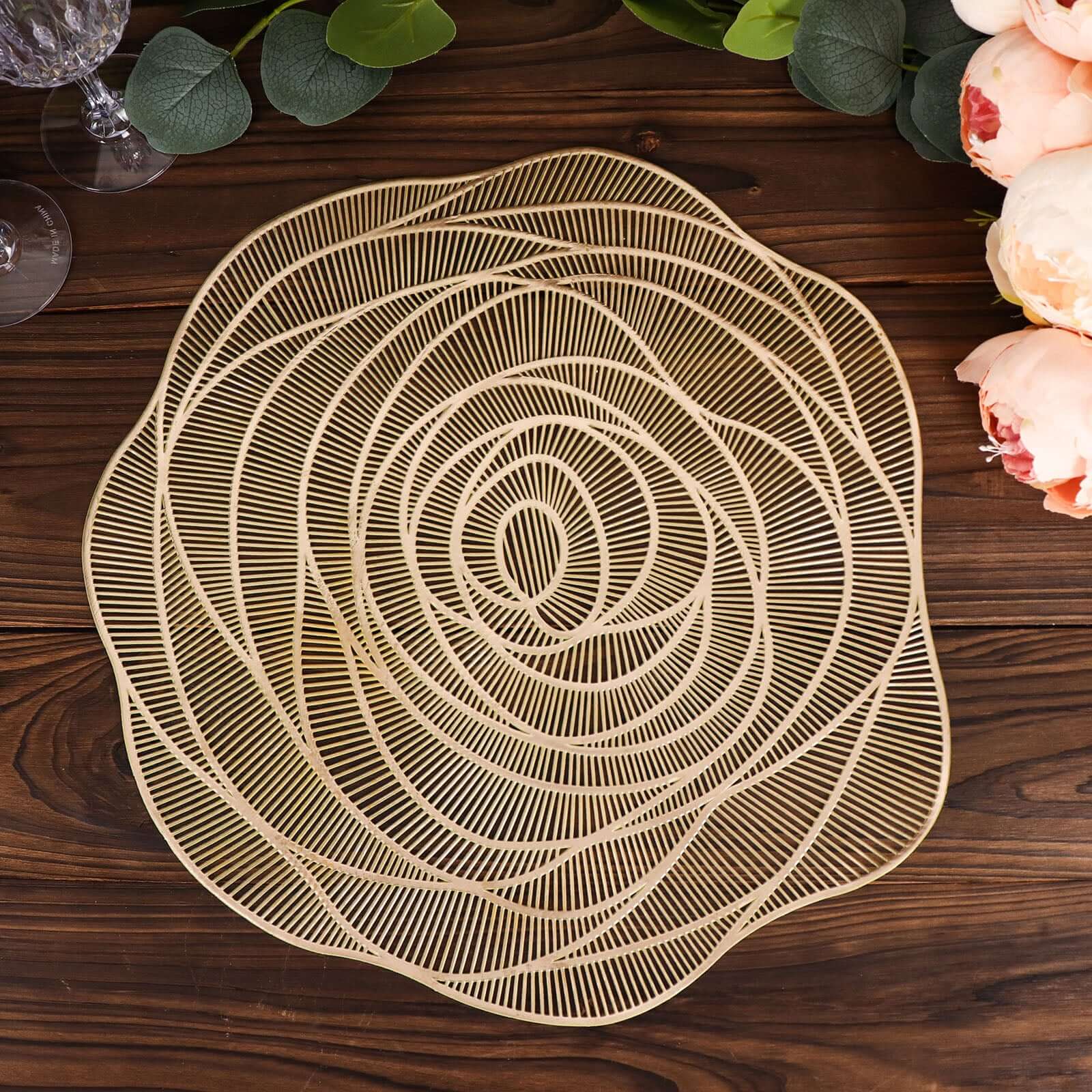 Hot Deal! 6-Pack Metallic Gold Rose Flower Vinyl Round Non-Slip Washable Dining Table Mats, 15"