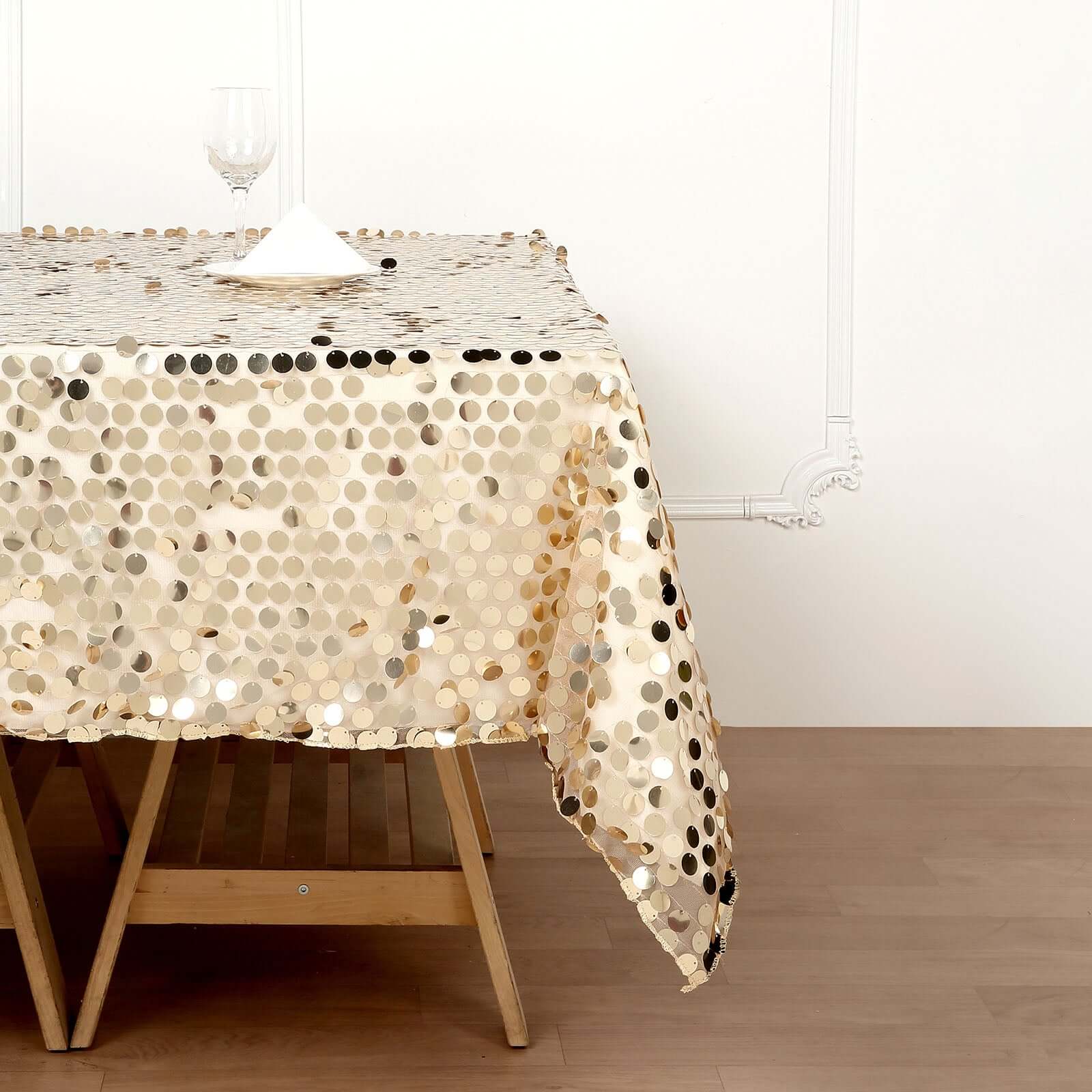 Champagne Sequin 72x72 Square Table Overlay for Big Payette Tables