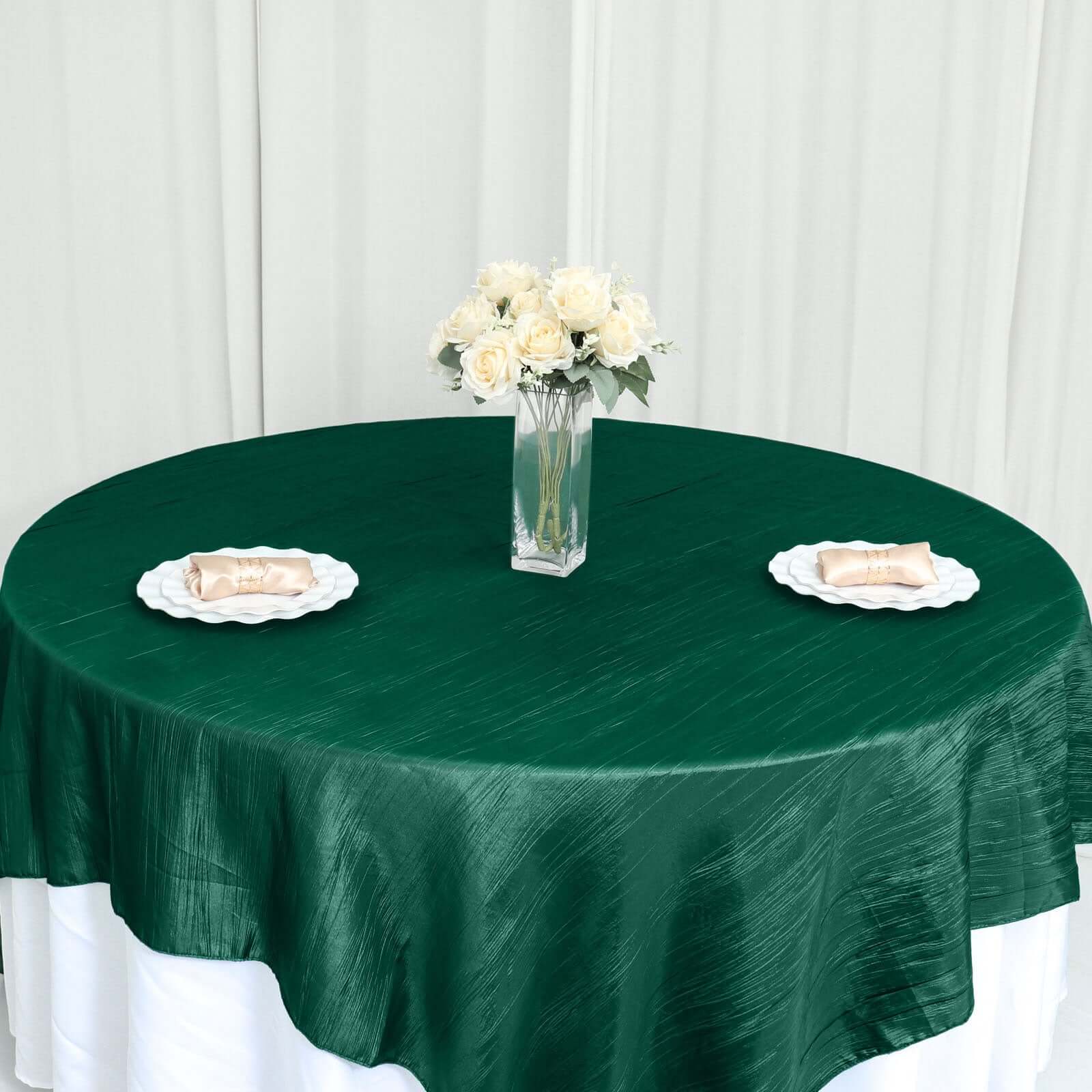Hunter Emerald Green 90x90 Square Accordion Crinkle Taffeta Table Overlay
