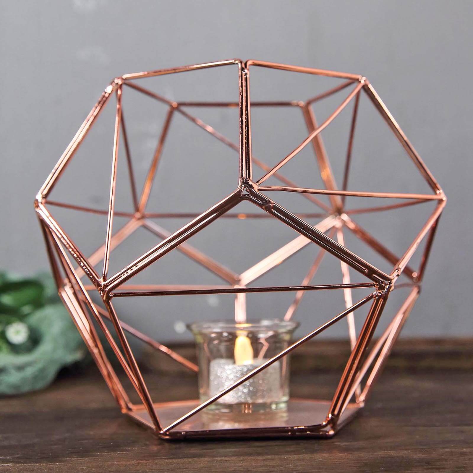 Stunning Rose Gold Metal Pentagon Prism Geometric Tealight Candle Holder - Ideal for Decor