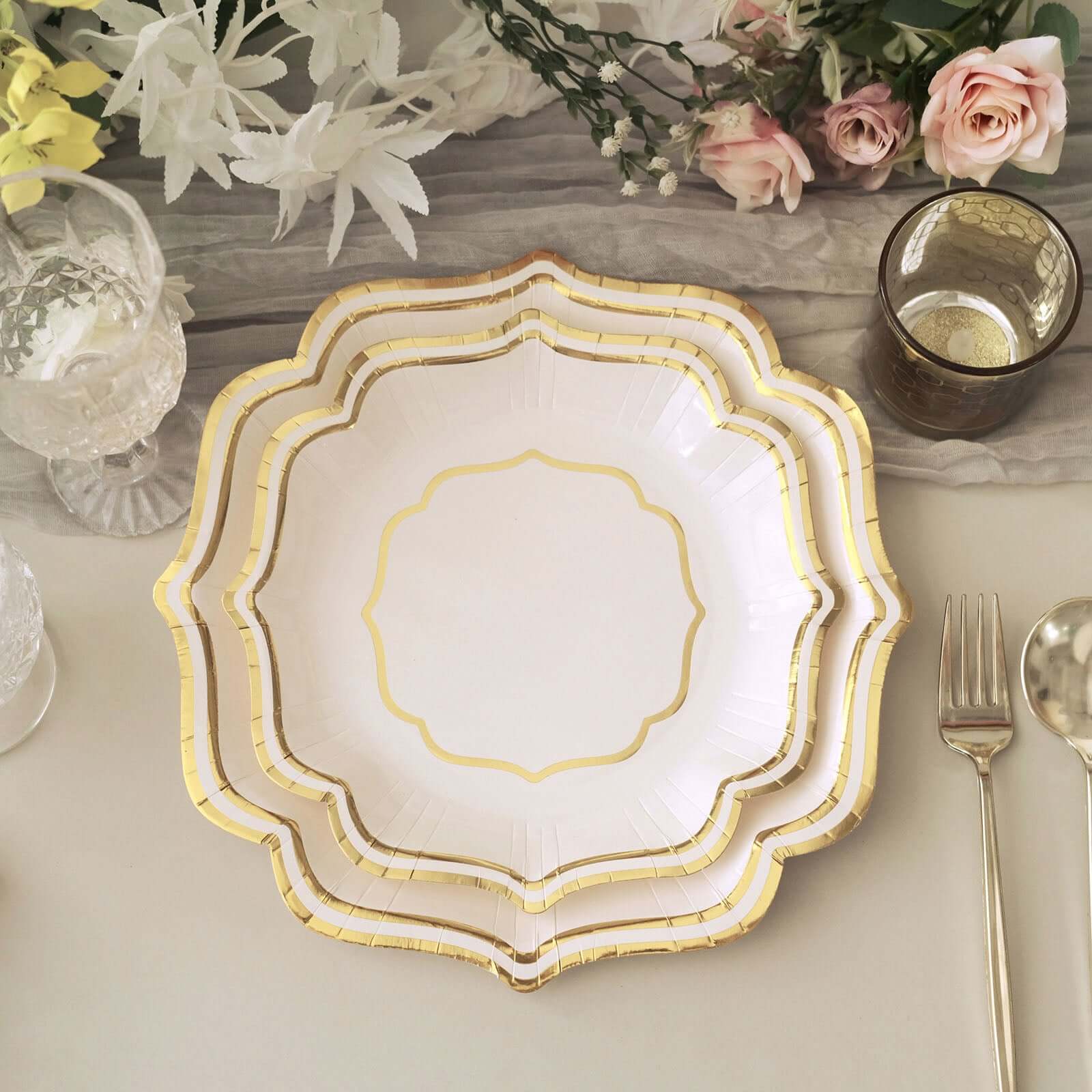 25-Pack Disposable White Paper Dessert Plates with Gold Scallop Rim - Ideal for Classy Events