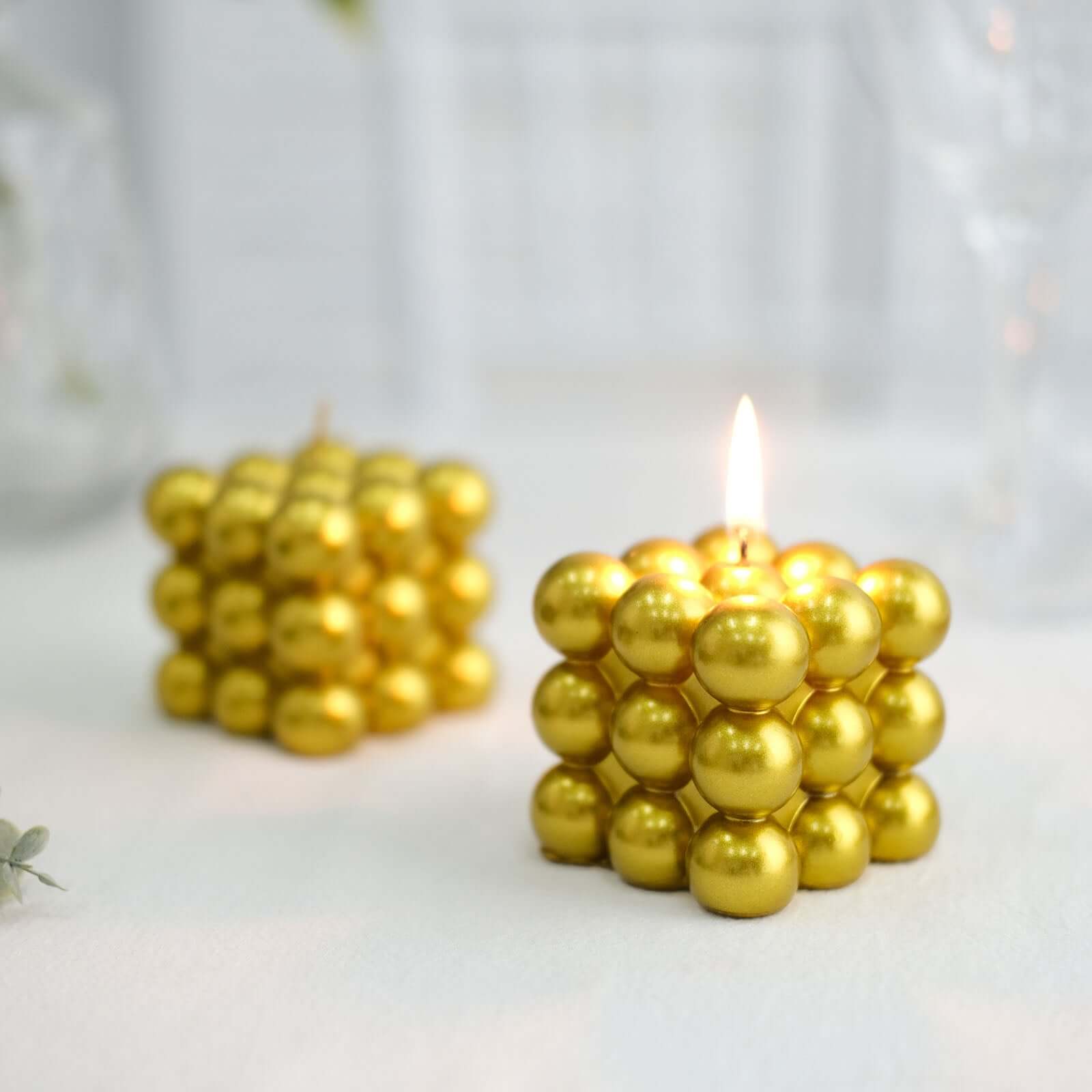 2-Pack Long Burning Unscented Metallic Gold Bubble Cube Paraffin Wax Pillar Candles