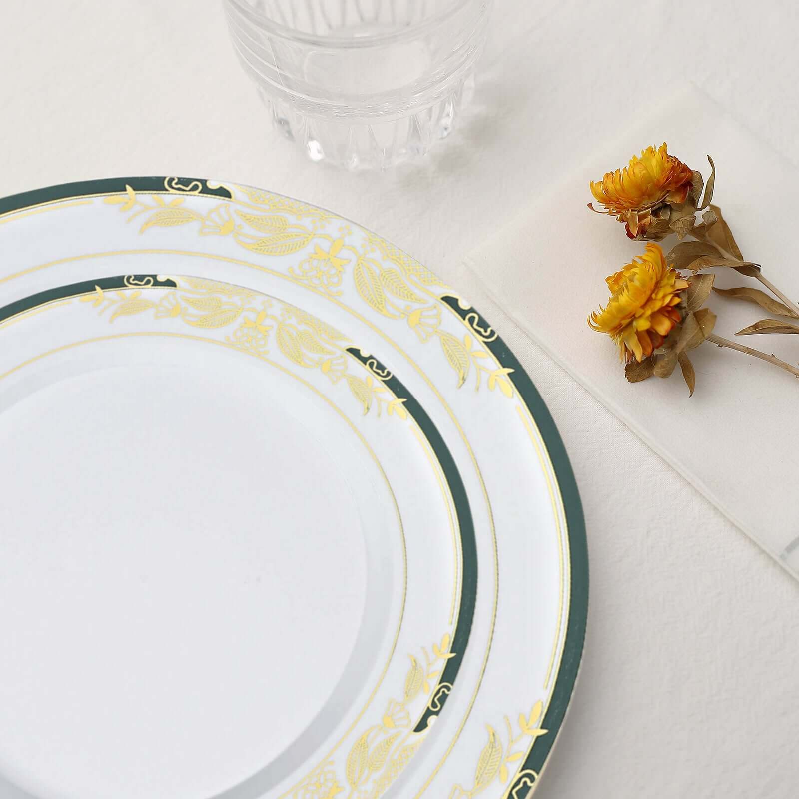 Hot Deal! 10-Pack Disposable 8-Inch Round Dessert & Salad Plates in White with Green & Gold Rim for Special Events