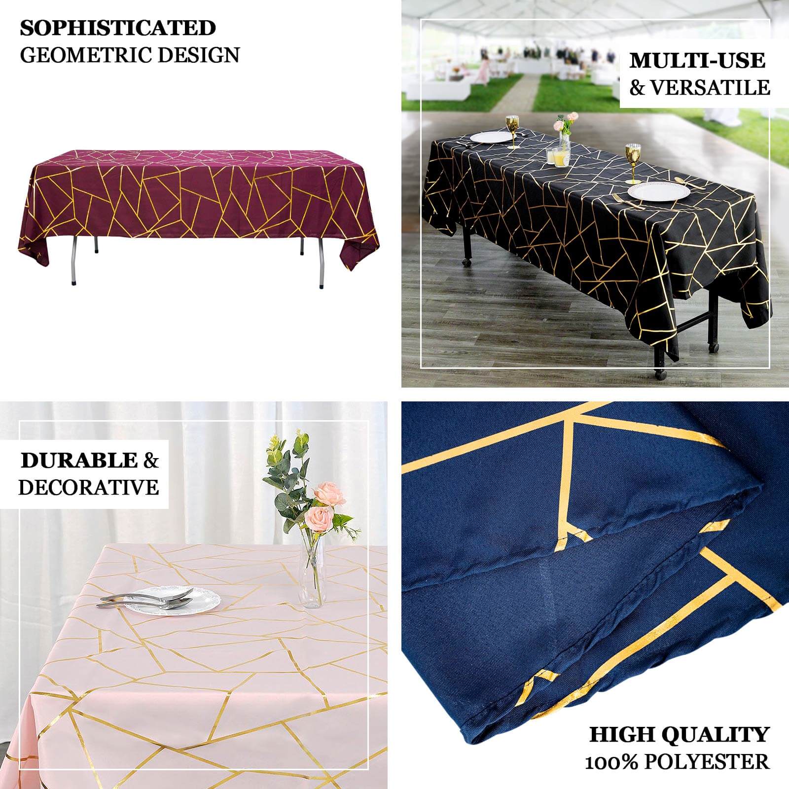 Wrinkle-Resistant & Durable Polyester Tablecloth in Hunter Emerald Green with Gold Foil Geometric Design