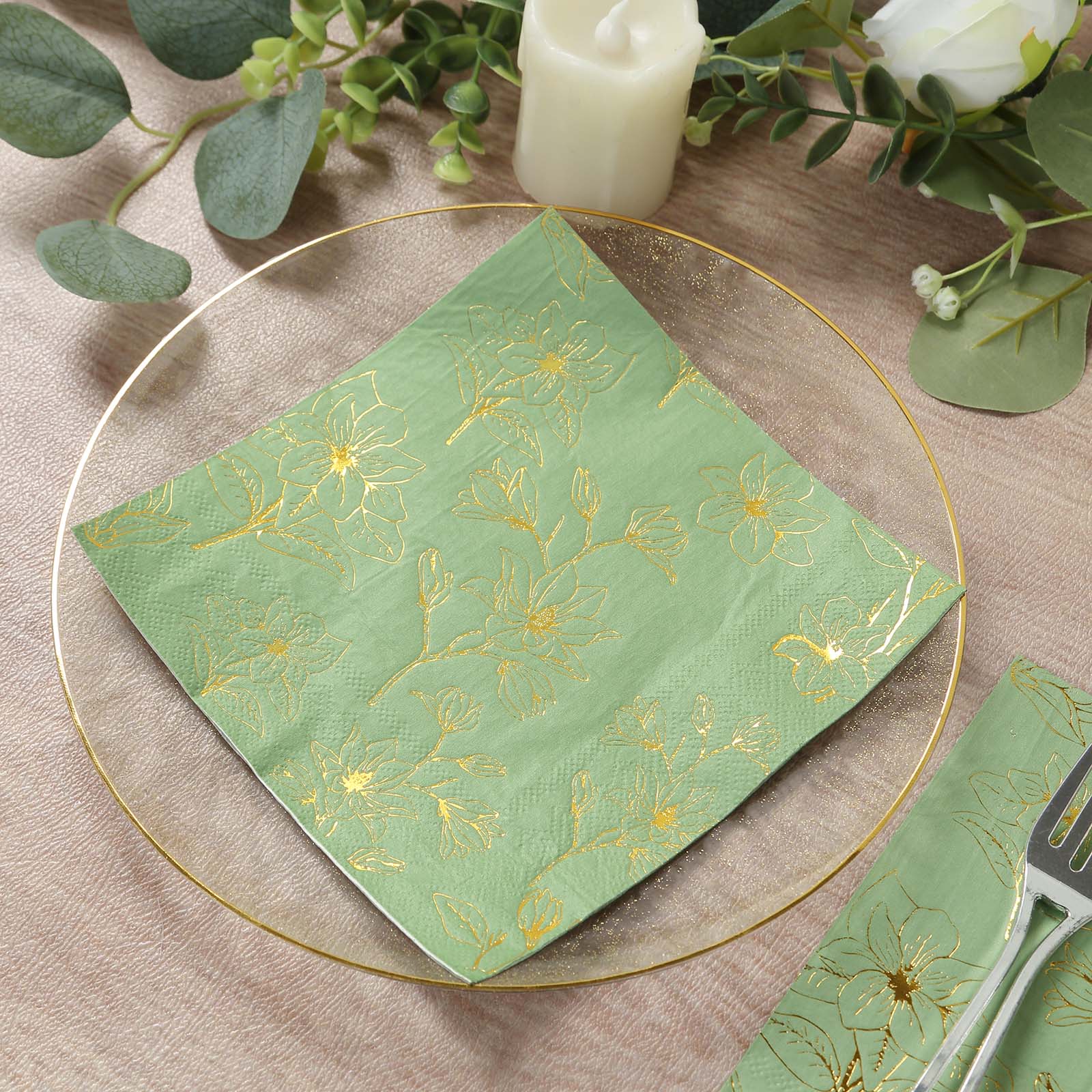 50-Pack Premium 2-Ply Absorbent Soft Paper Cocktail Napkins with Gold Magnolia Print in Sage Green