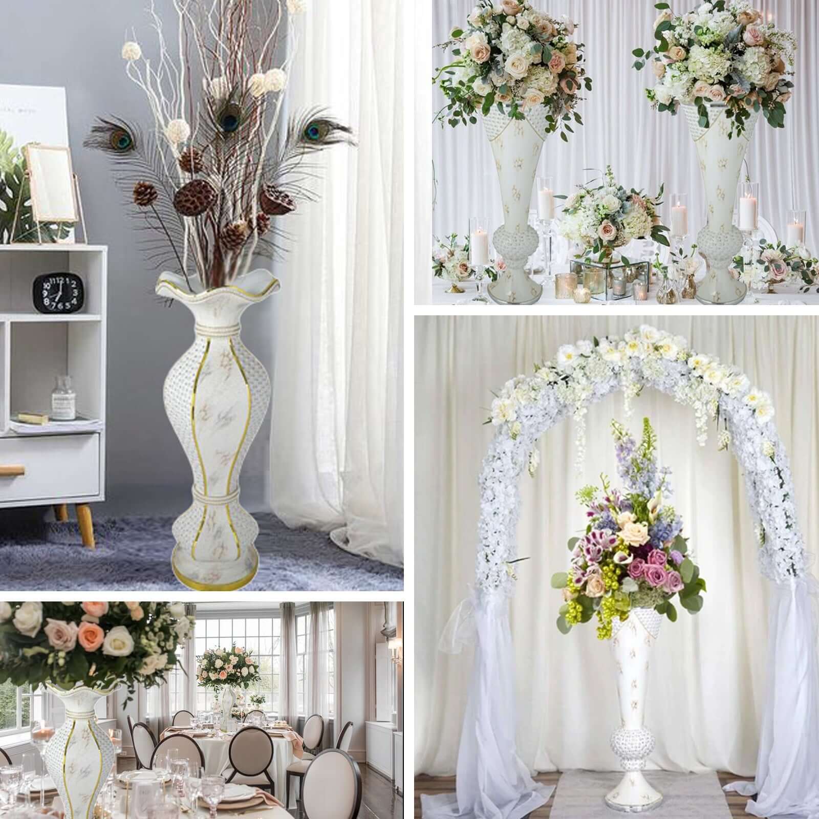 40-Inch Gold Shimmering Marble Design Flower Pot Vase with Pearl and Mirror Mosaic Decor