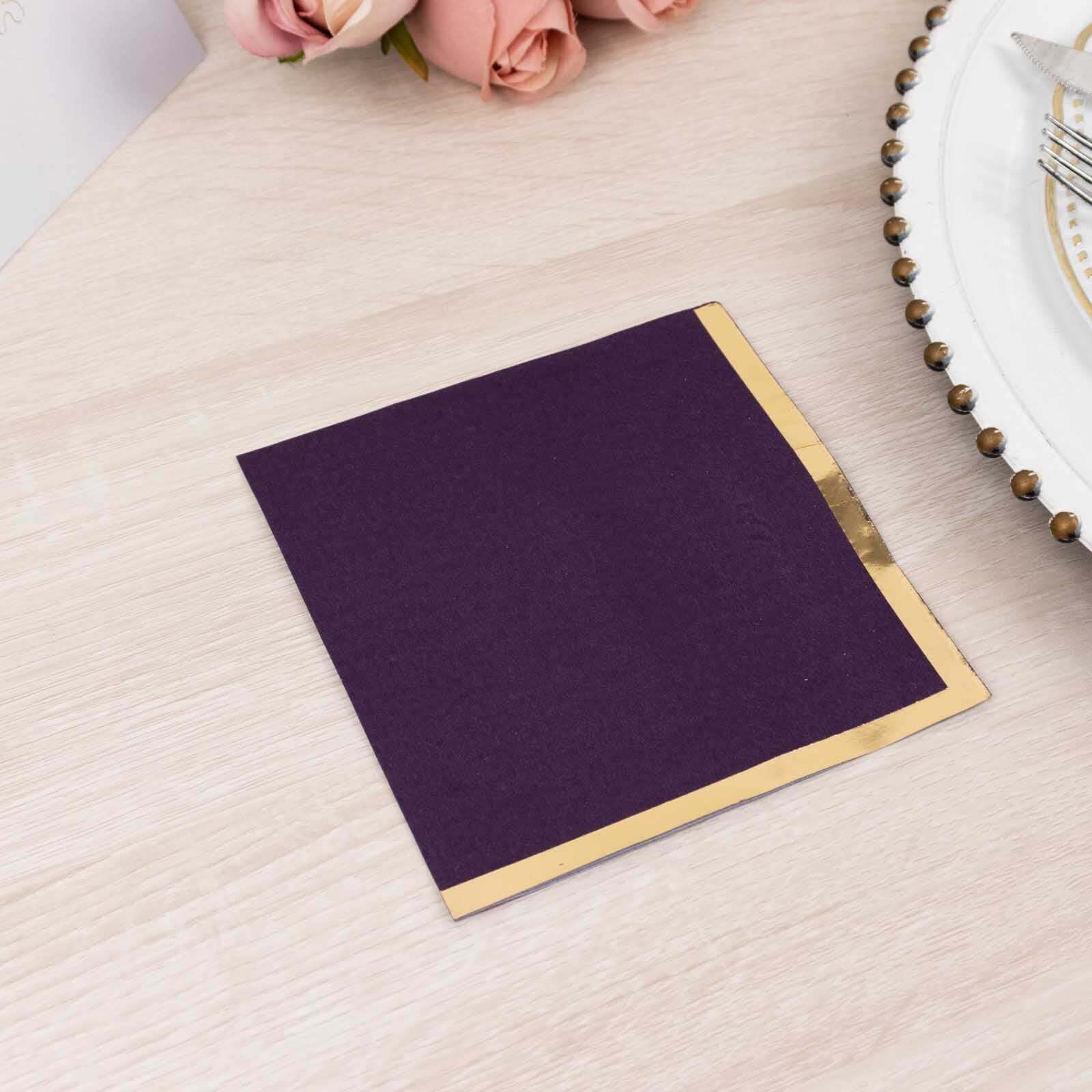 50-Piece 2-Ply Disposable Soft 18GSM Purple Cocktail Napkins with Gold Foil Edge, 5x5