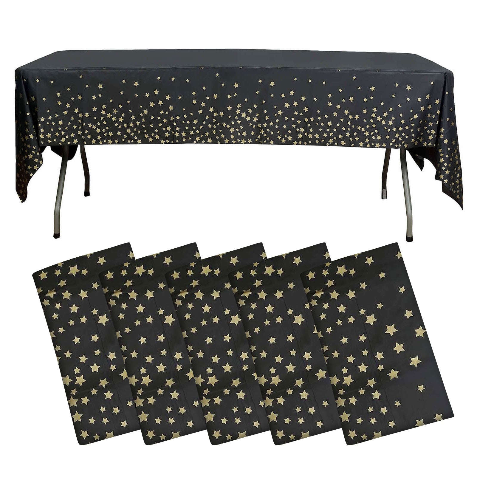 5-Pack Premium Disposable PVC Table Covers: Black Rectangle with Gold Stars, 54x108
