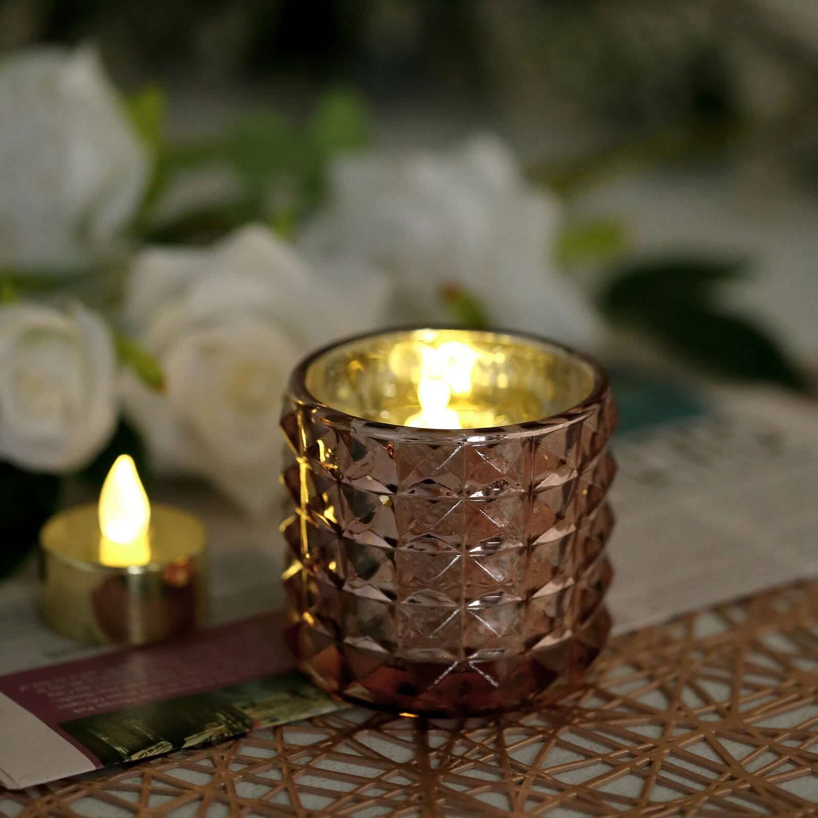 Hot Deal! 6-Pack Rose Gold Studded Faceted Mercury Glass Tealight Candle Holders