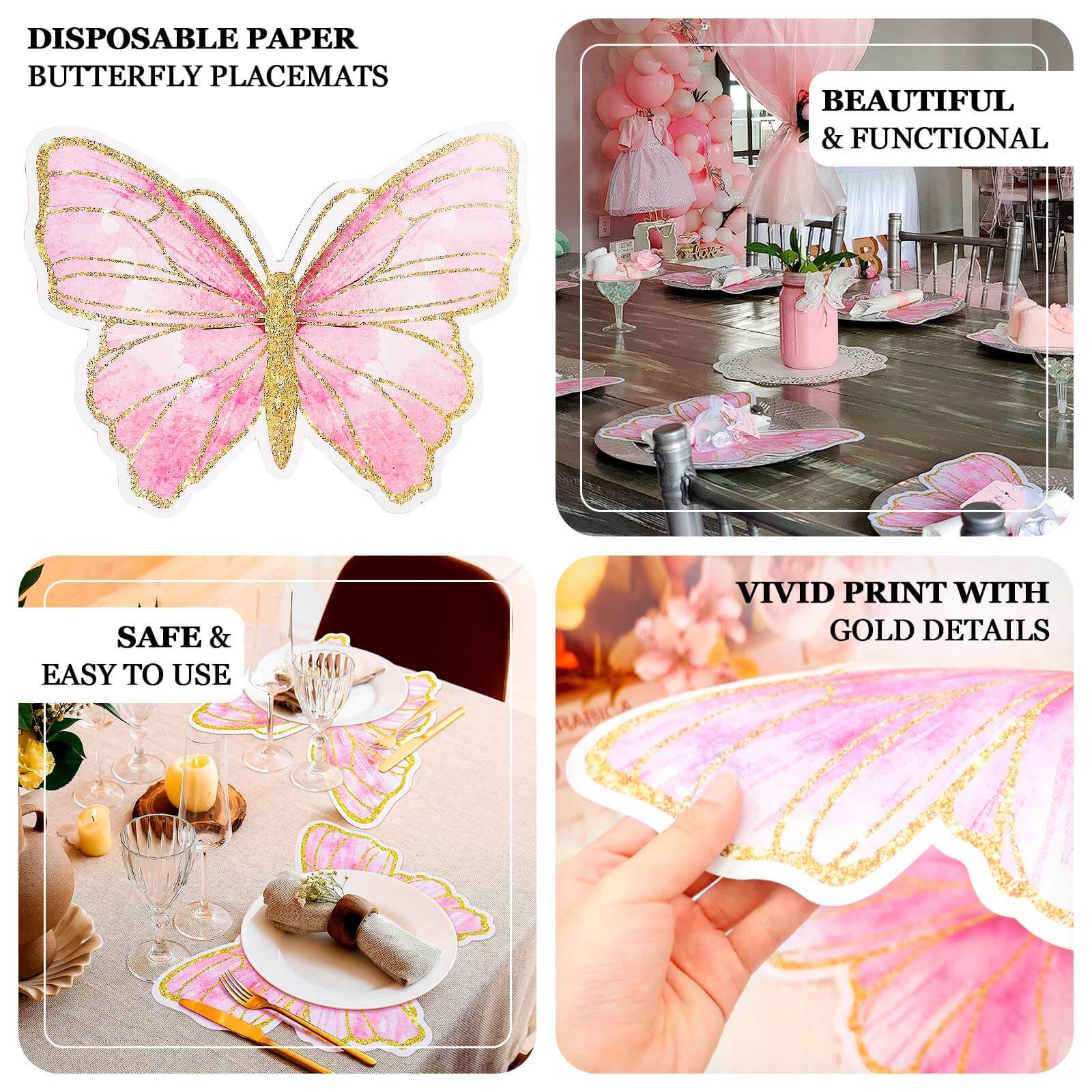 10-Pack Premium Disposable Pink Butterfly Placemats with Gold Glitters for Kids' Parties