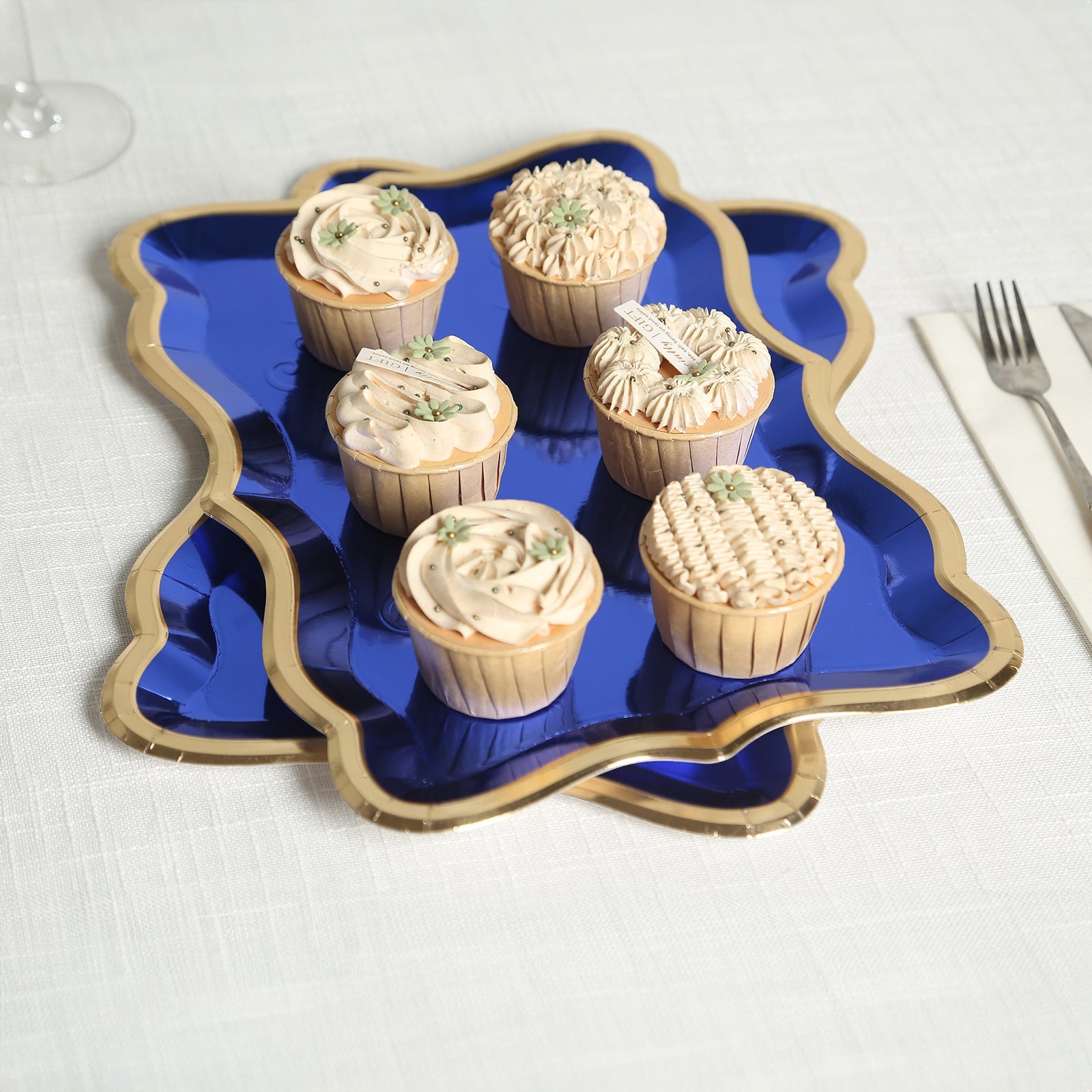 10-Pack Heavy Duty Disposable Royal Blue Paper Serving Trays with Gold Rim for Weddings & Parties