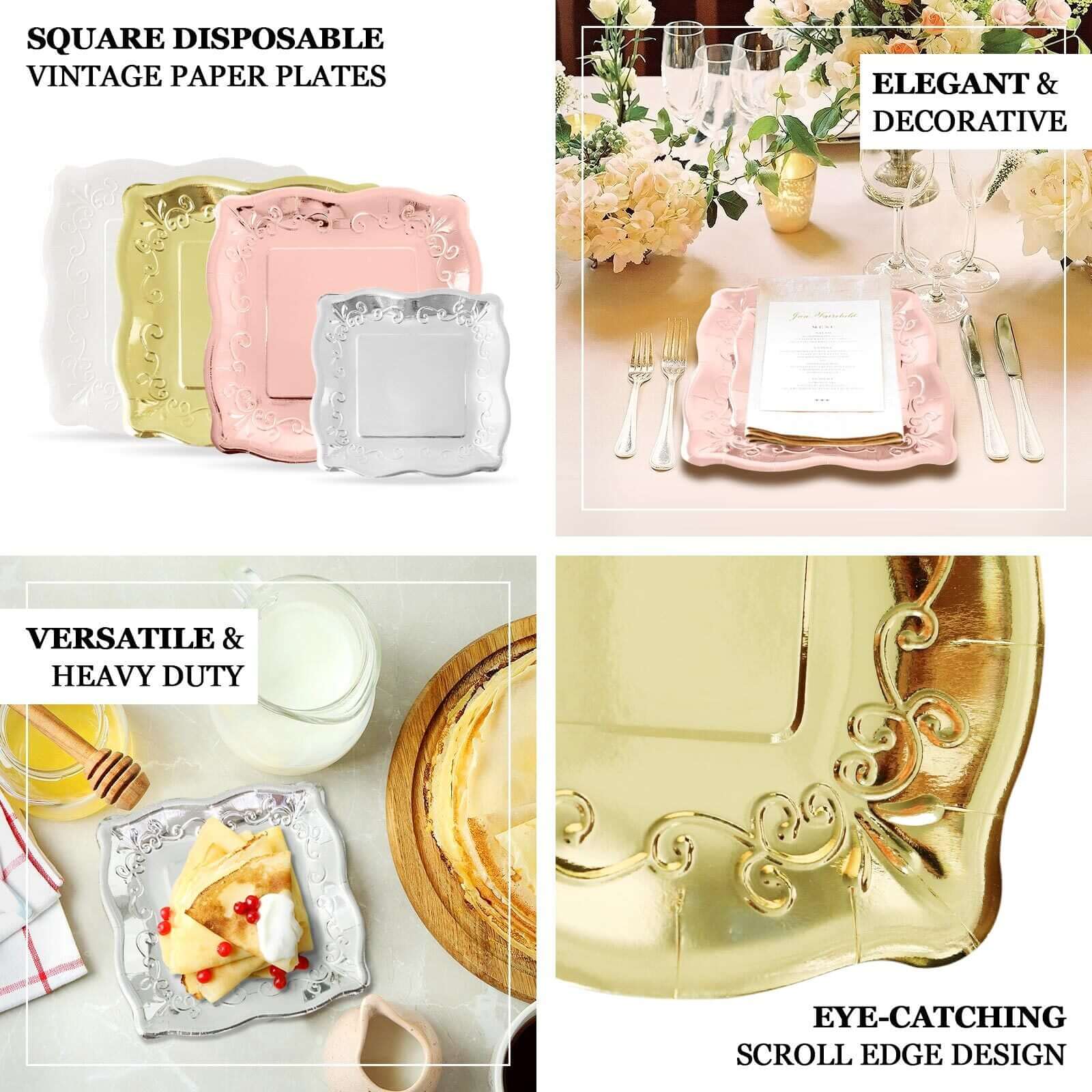 Hot Sale! 25-Pack Disposable Rose Gold Square Dessert Appetizer Paper Plates with Vintage Pottery Embossed Design