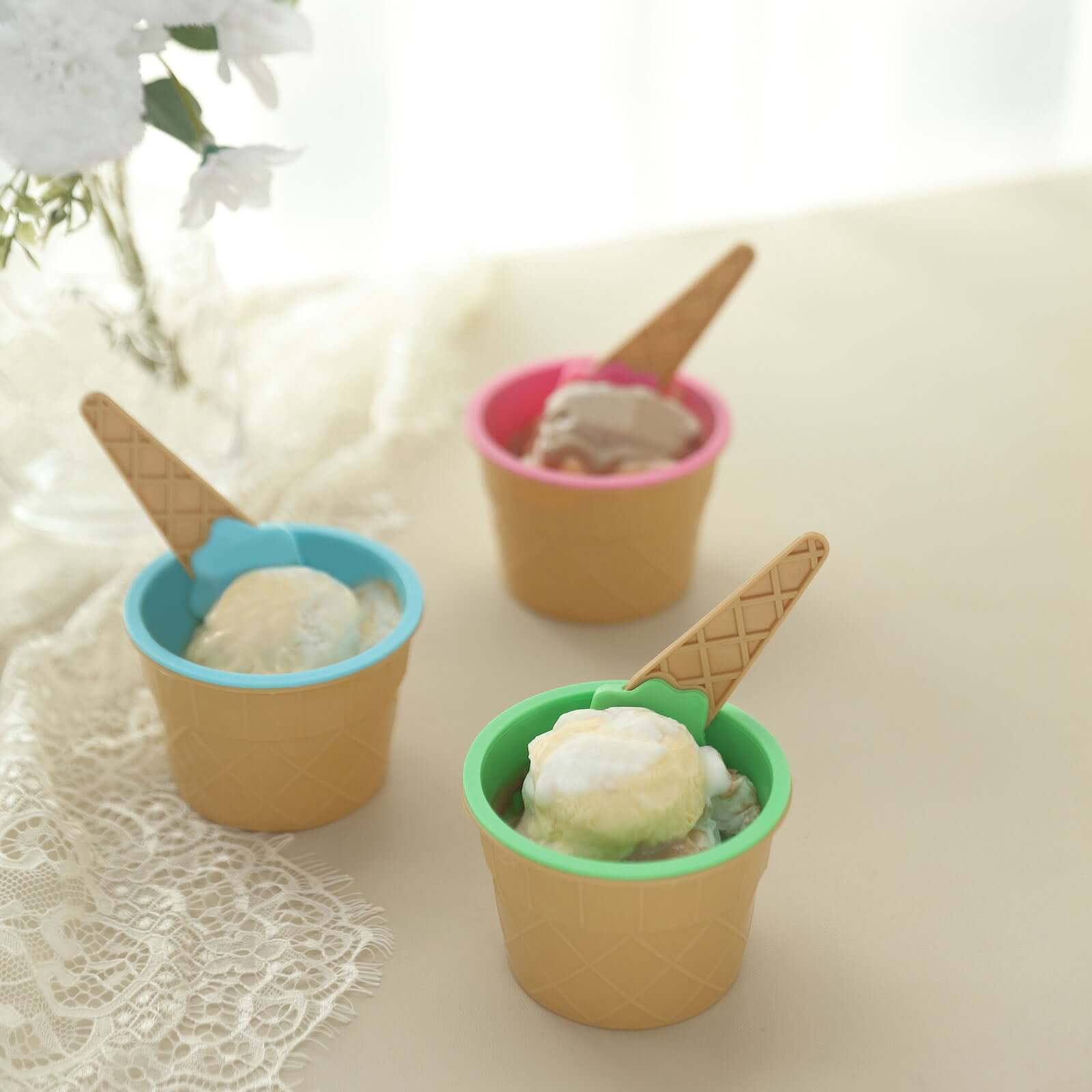 Set of 6 BPA-Free Plastic Dessert Cups with Waffle Design in Blue, Green, Pink & Matching Spoons