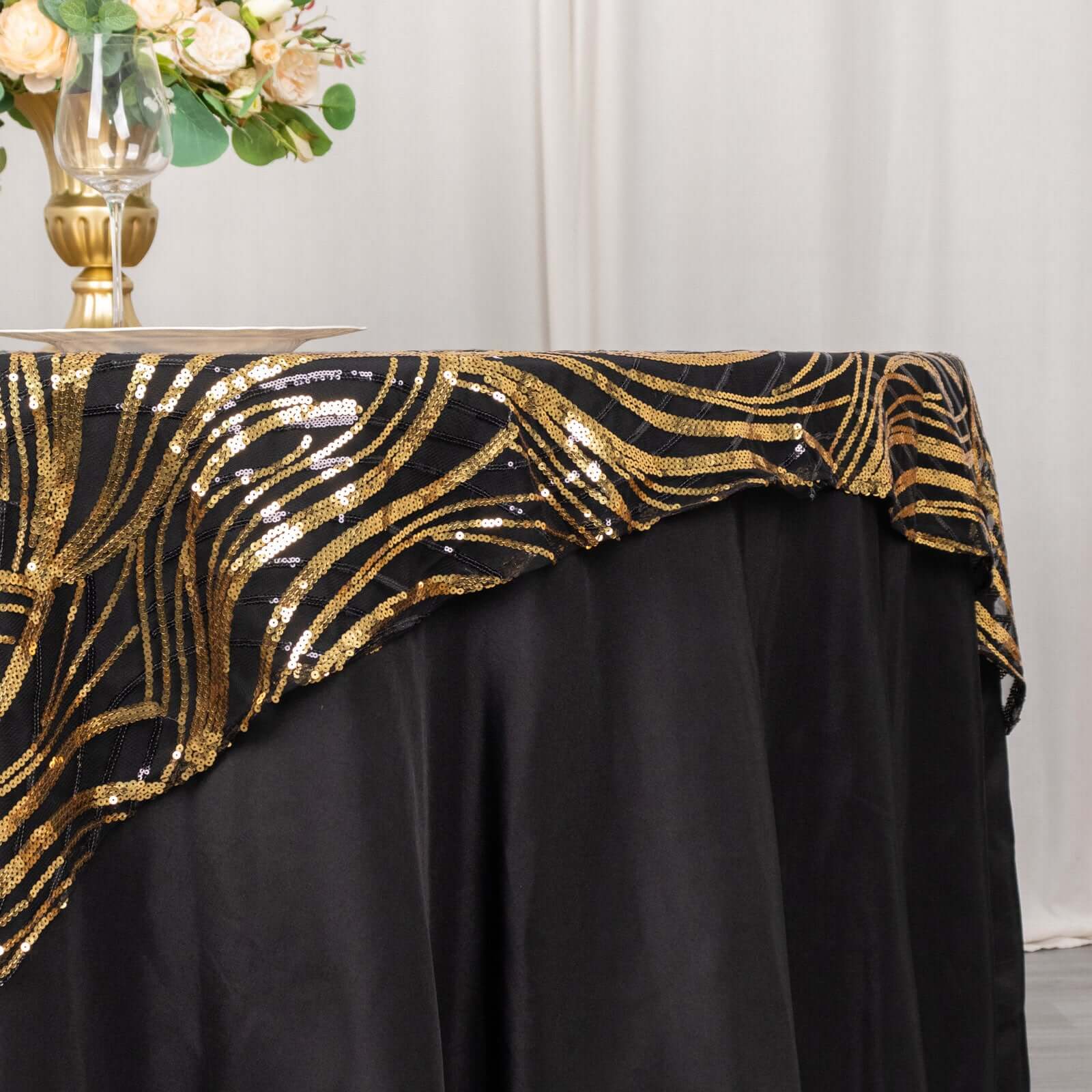 Black Gold Square Mesh Table Overlay with Wave Embroidered Sequins - Exclusive Offer