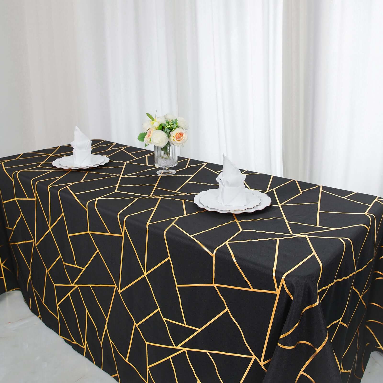 Hot Sale! Wrinkle-Resistant Polyester Black Seamless Tablecloth with Gold Foil Geometric Pattern, 90x132