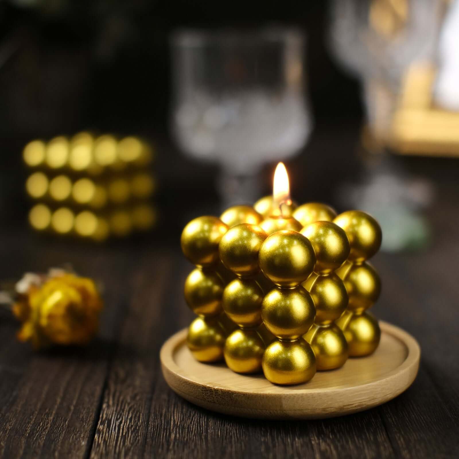 2-Pack Long Burning Unscented Metallic Gold Bubble Cube Paraffin Wax Pillar Candles
