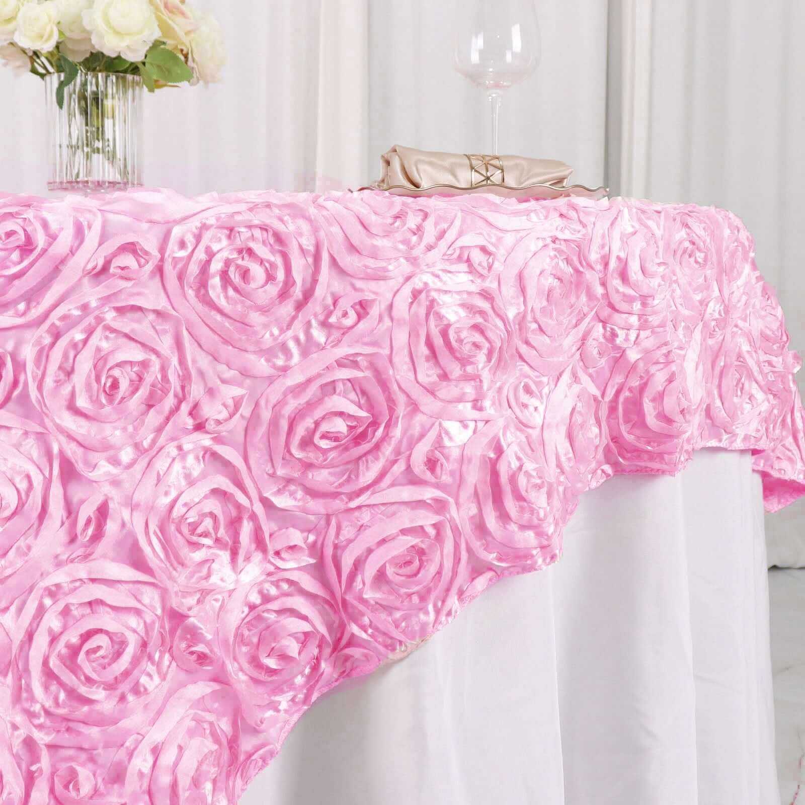 Pink 72x72 Satin Square Table Overlay with 3D Rosette Design