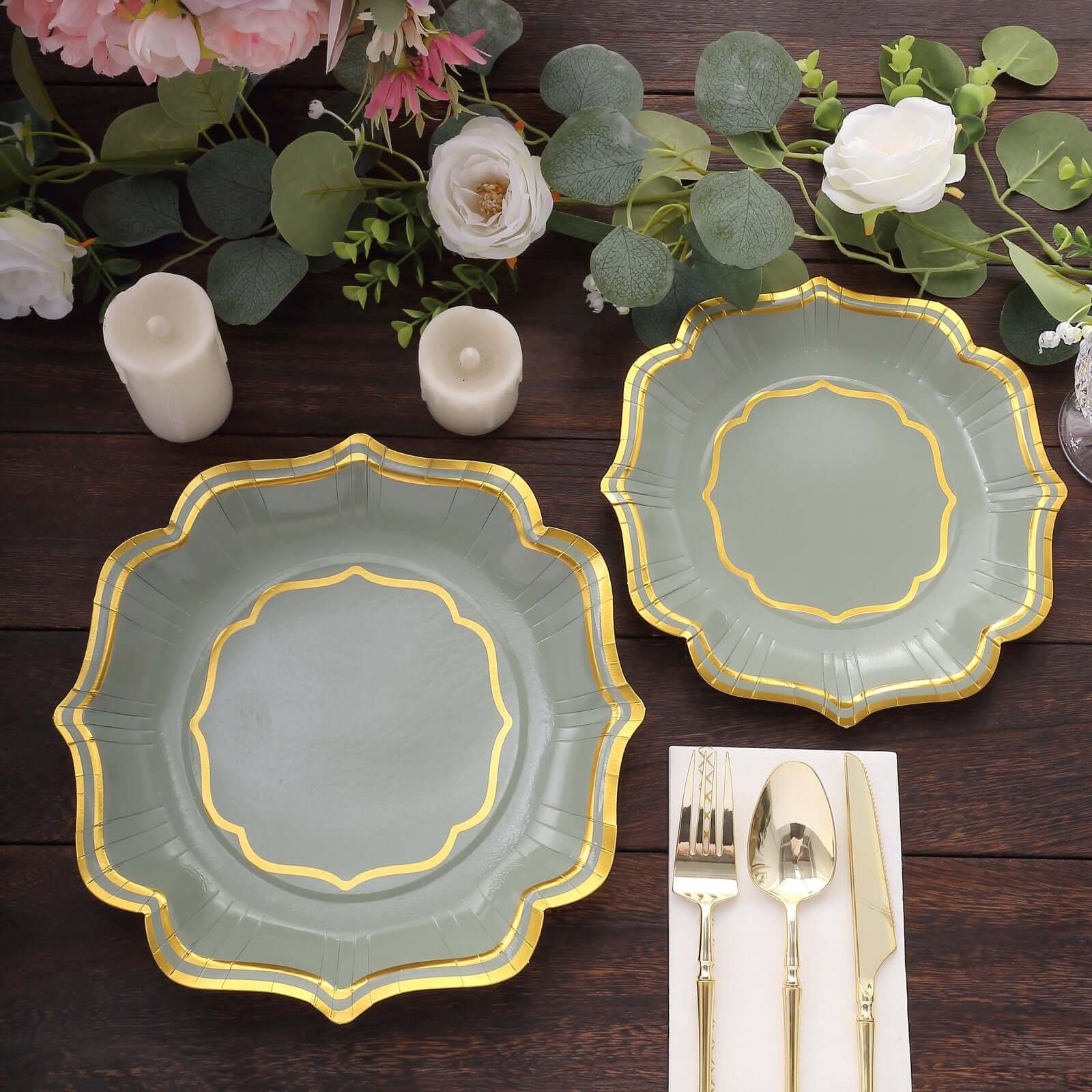 25-Piece Disposable 300GSM Sage Green Paper Dessert Plates with Gold Scalloped Edge, 8 Inches