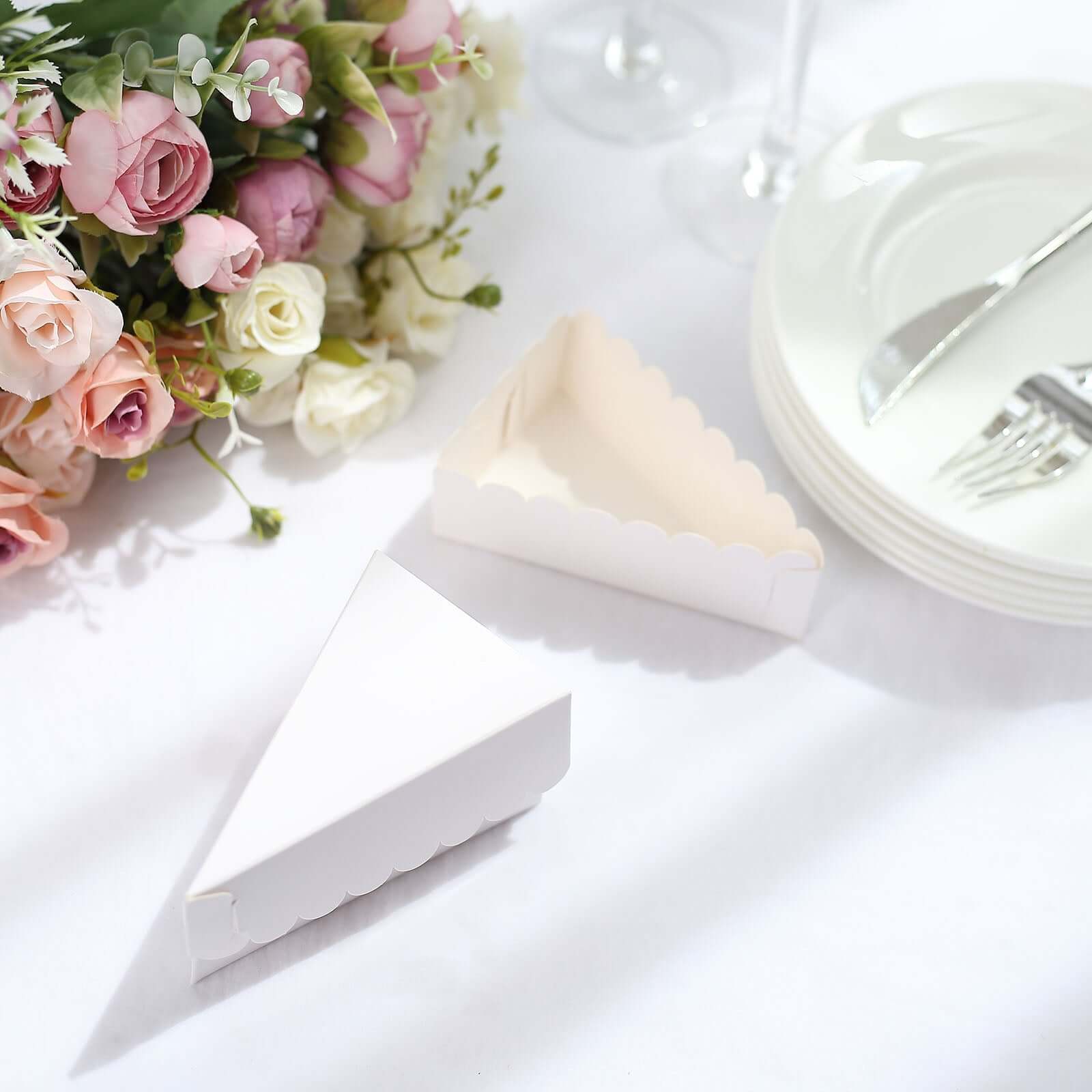 Hot Deal! 10-Pack White Cardstock Triangle Cake Slice Boxes with Scalloped Top for Desserts & Party Favors