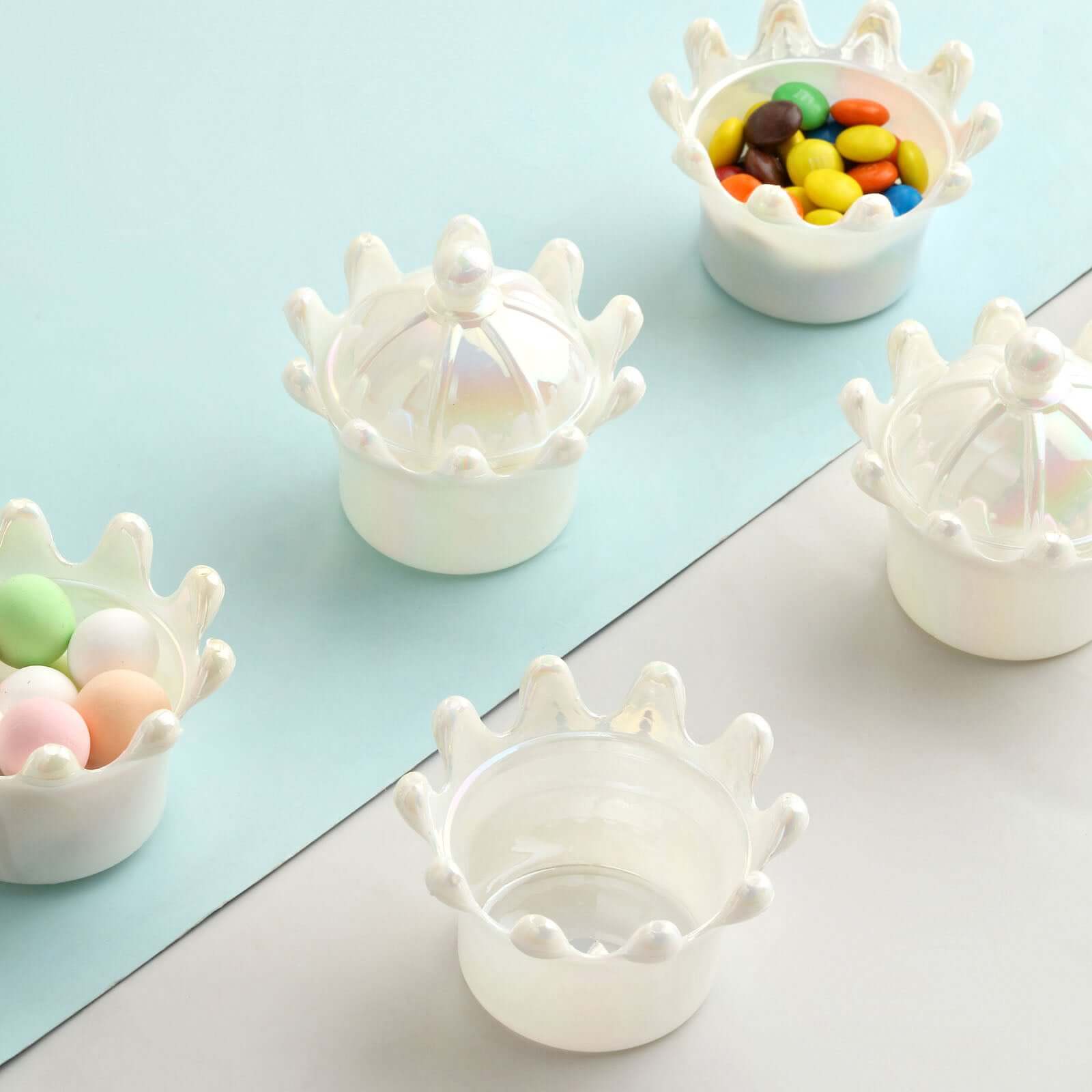12-Pack White Mini Crown Treat Favor Boxes with Iridescent Dome Lids - Perfect for Parties!