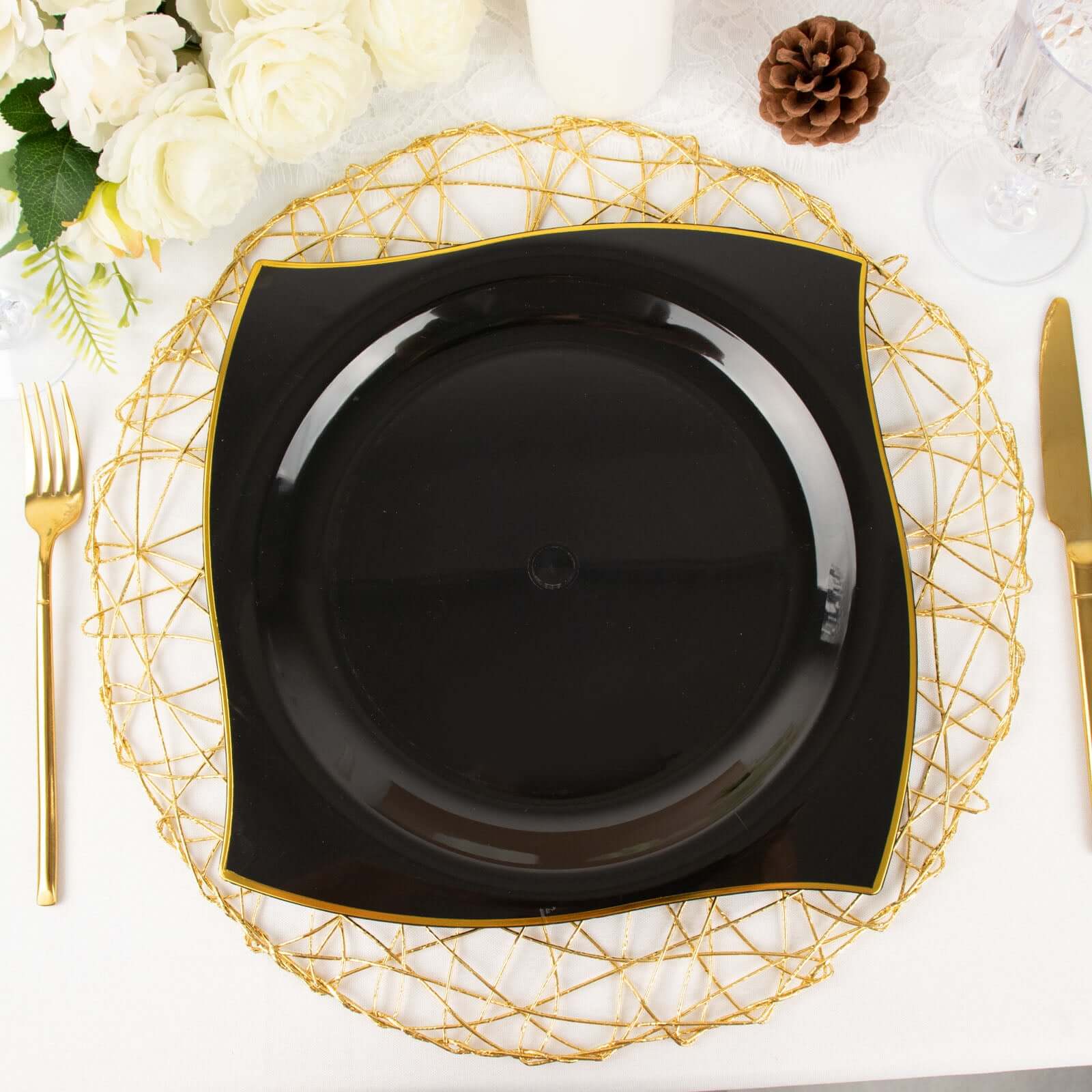 Get 10-Pack Disposable Black Plastic Square Dinner Plates with Gold Wavy Rim for Modern Parties