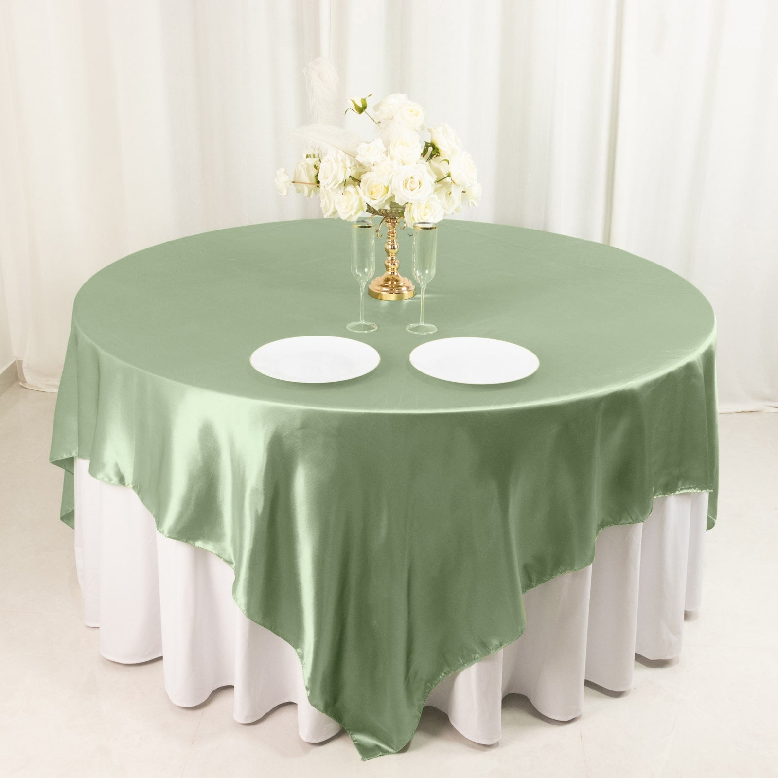 Sage Green Satin Square Table Overlay 90x90 - Smooth Finish Table Topper
