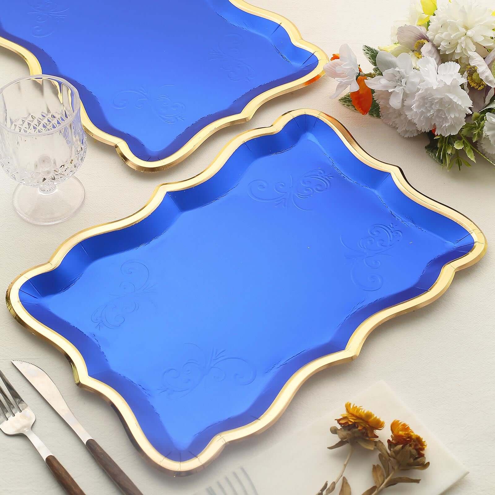 10-Pack Heavy Duty Disposable Royal Blue Paper Serving Trays with Gold Rim for Weddings & Parties