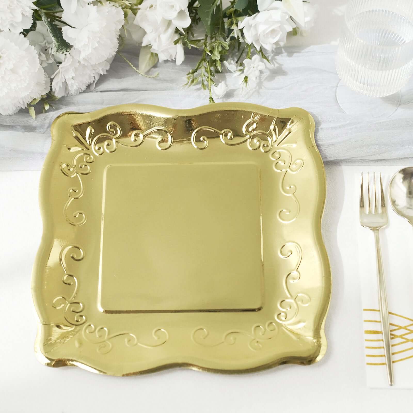25-Pack Disposable Gold Square Dinner Plates with Vintage Pottery Embossed Design for Glamorous Events