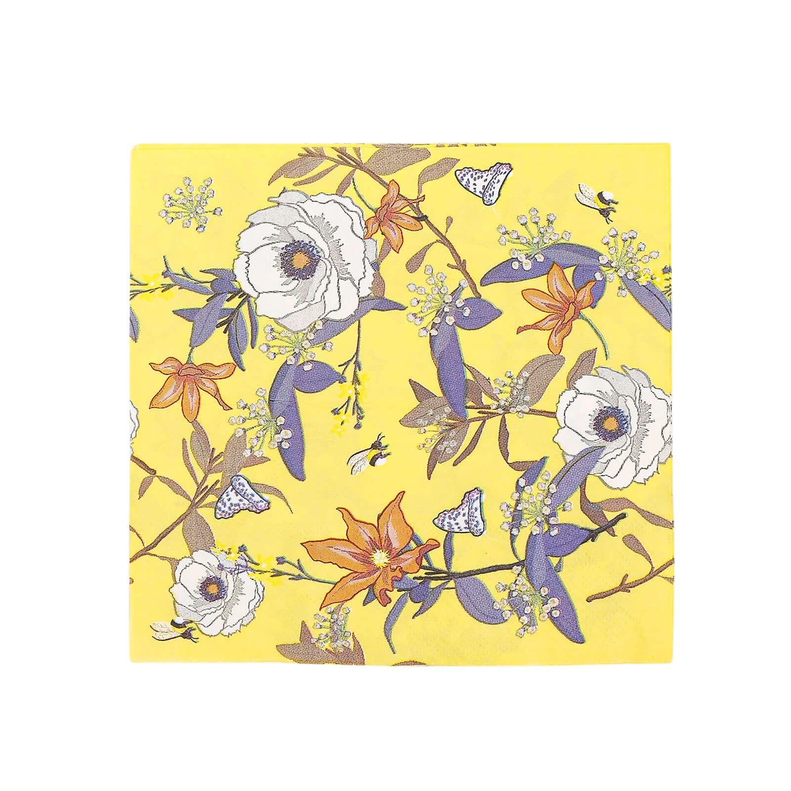 20-Pack Yellow Floral 2-Ply Soft 18GSM Paper Beverage Napkins for Weddings and Parties
