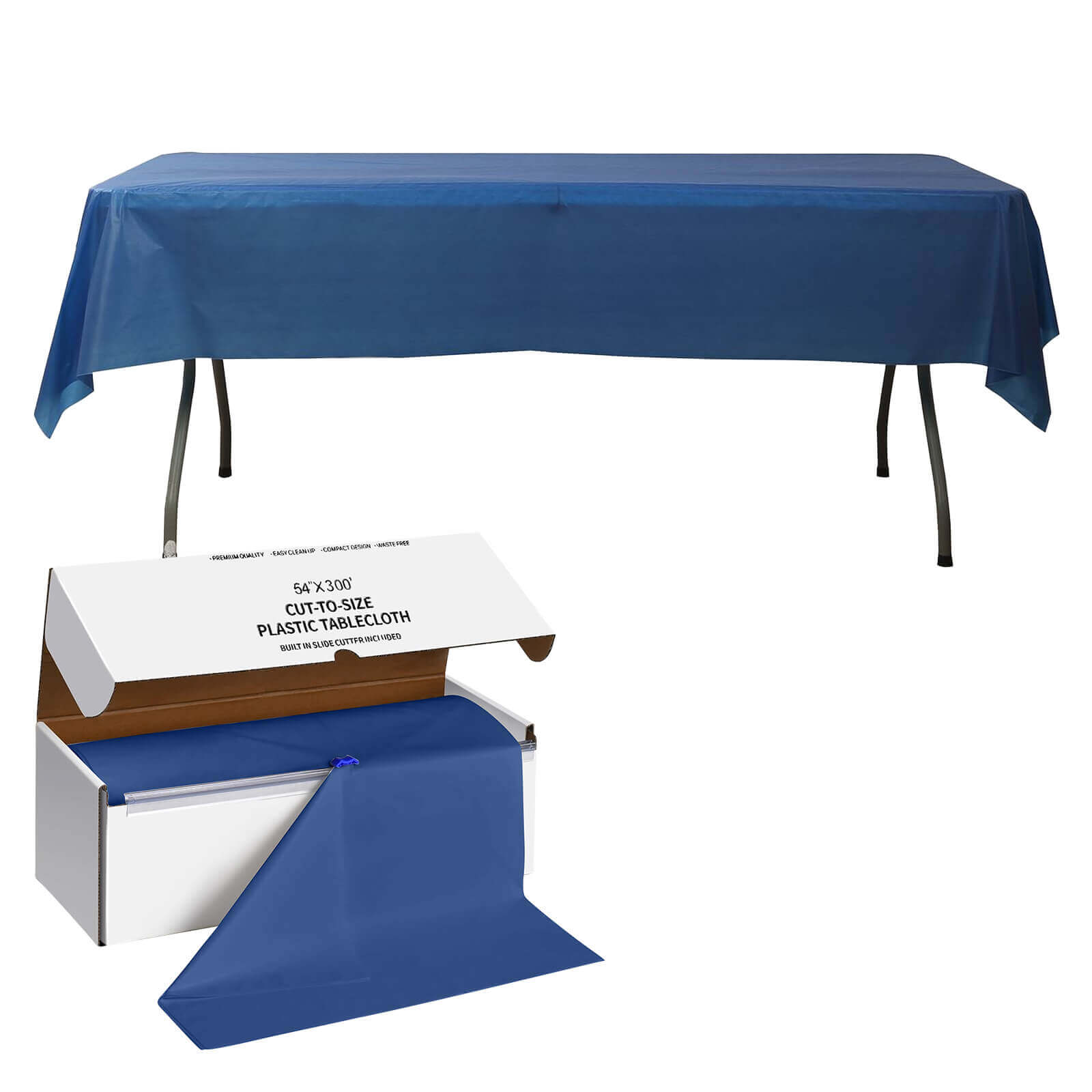 Navy Blue Plastic Table Cover Roll with Slide Cutter - Customizable & Durable 54x300ft