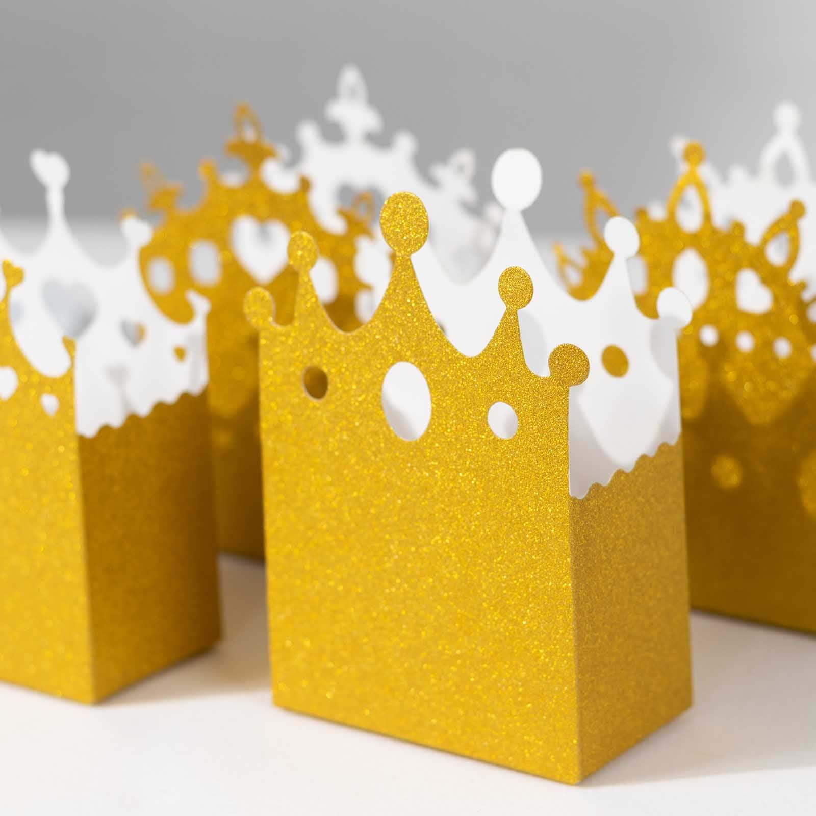Hot Sale! 20-Pack Gold Glitter Princess Crown Cardstock Favor Boxes for Weddings, Birthdays & More