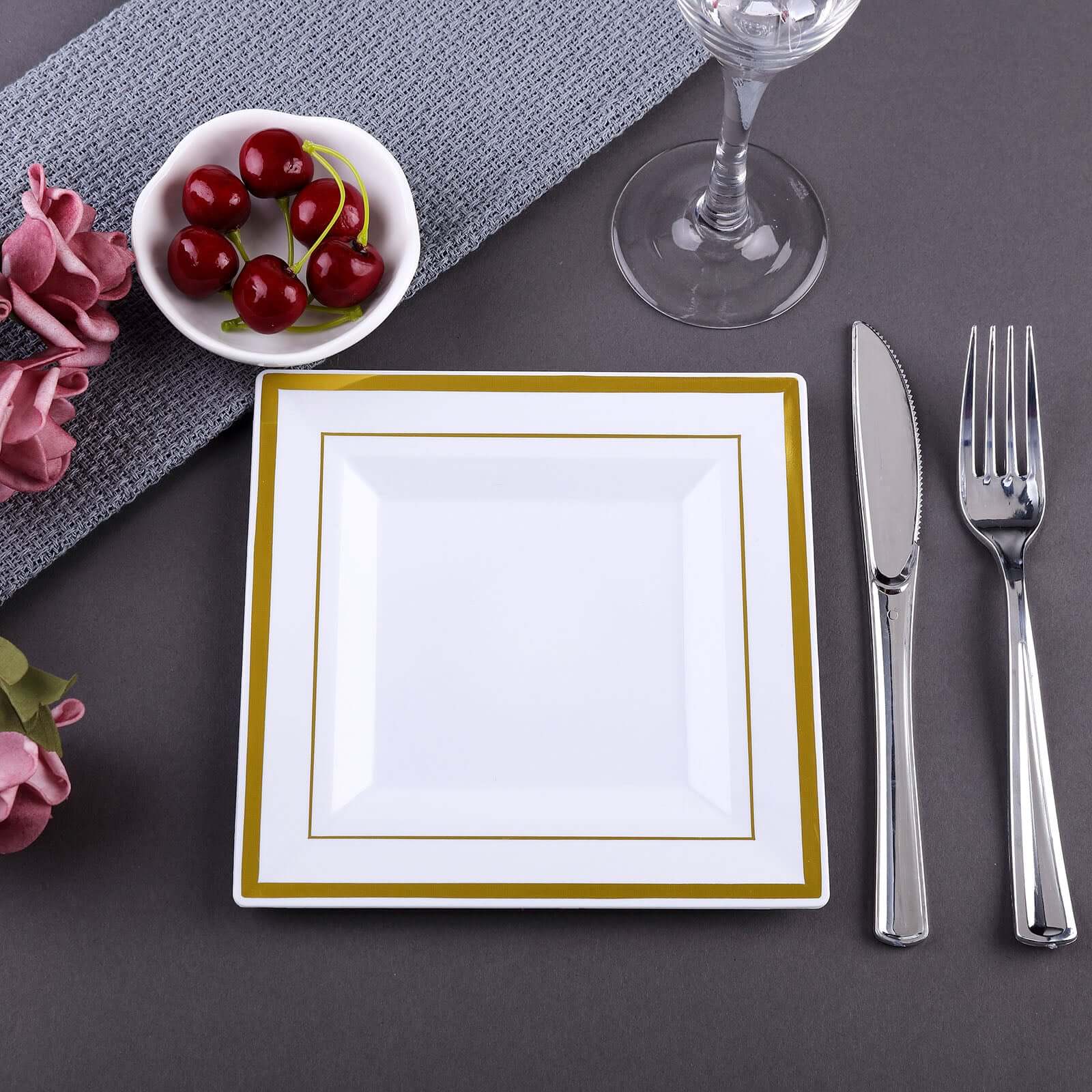 10-Pack Disposable White Square Salad & Dessert Plates with Gold Trim, 7" Size