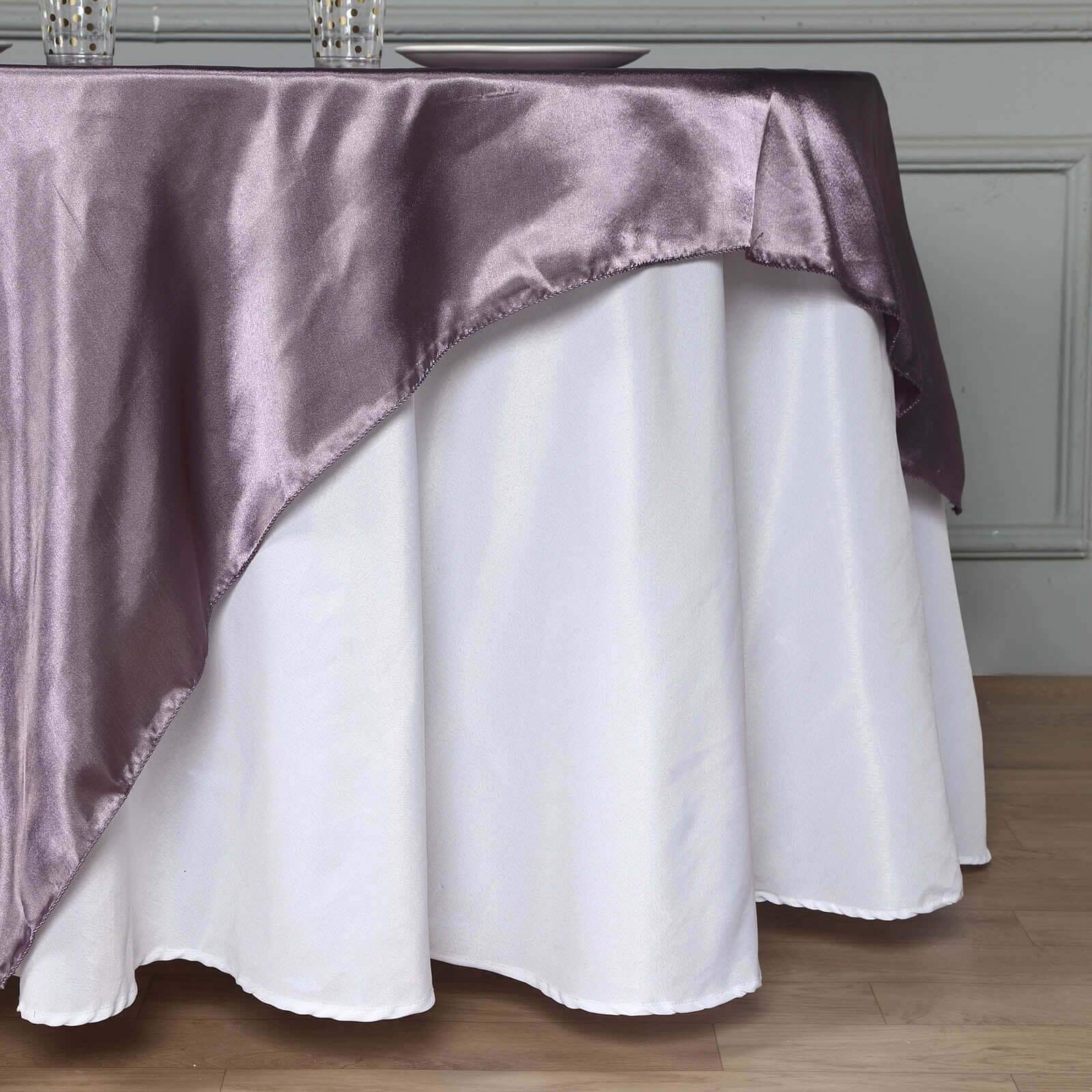 Exclusive 72x72 Violet Amethyst Satin Square Table Overlay with Smooth Finish