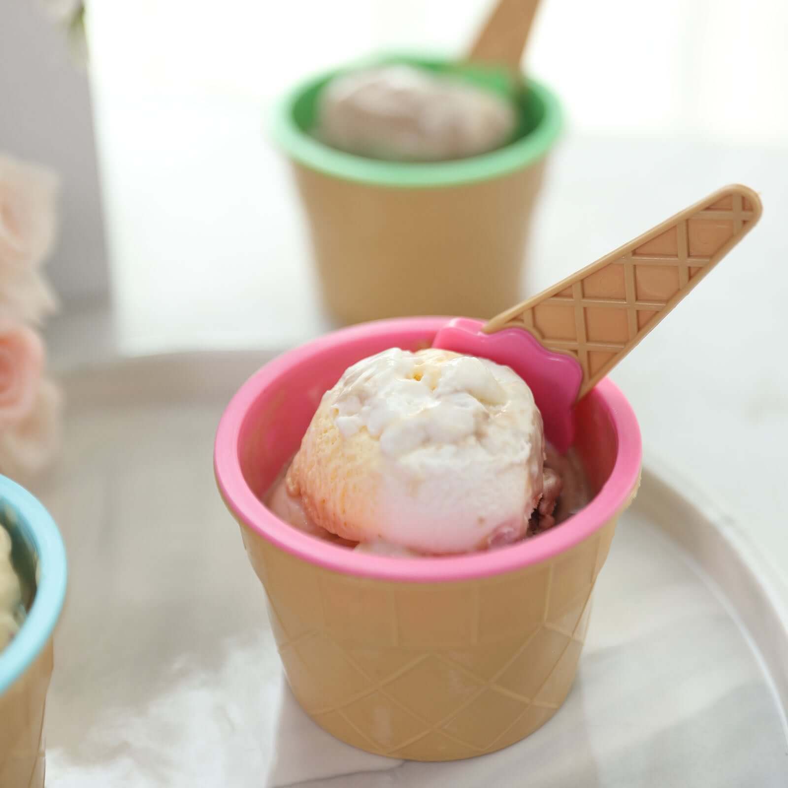 Set of 6 BPA-Free Plastic Dessert Cups with Waffle Design in Blue, Green, Pink & Matching Spoons