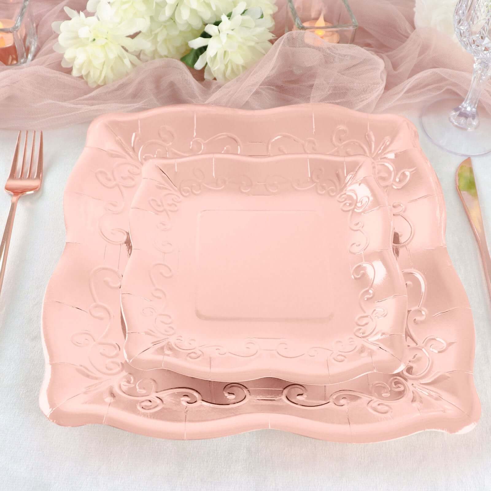 Hot Sale! 25-Pack Disposable Rose Gold Square Dessert Appetizer Paper Plates with Vintage Pottery Embossed Design