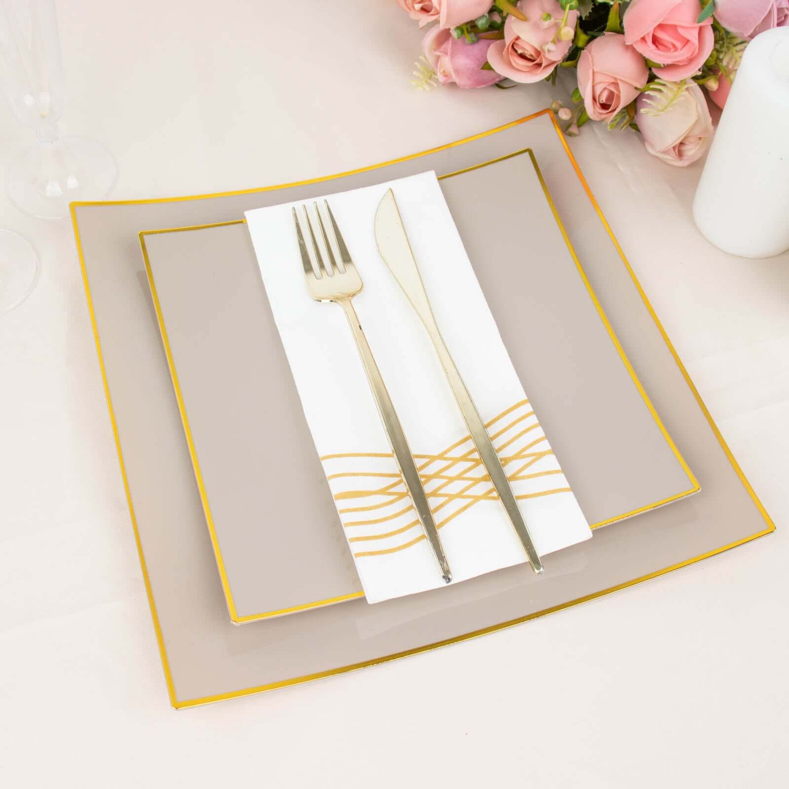 10-Pack Disposable Taupe Plastic Square Dessert Plates with Gold Rim - Ideal for Parties