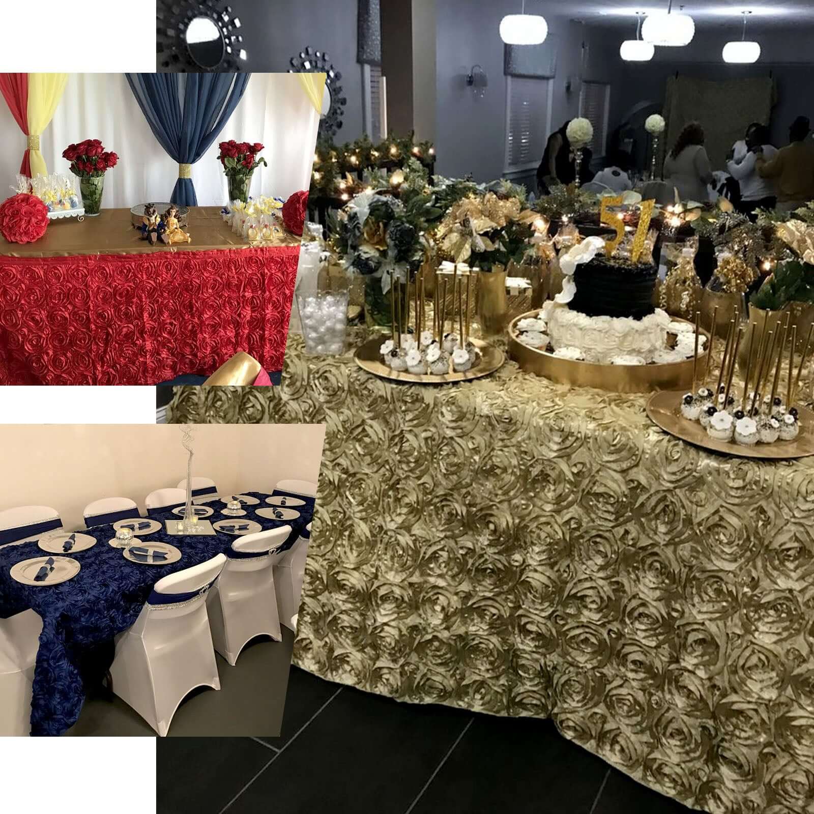 White Satin 90x156 Rectangle Tablecloth with Elegant 3D Rosette Design for Fancy Celebrations