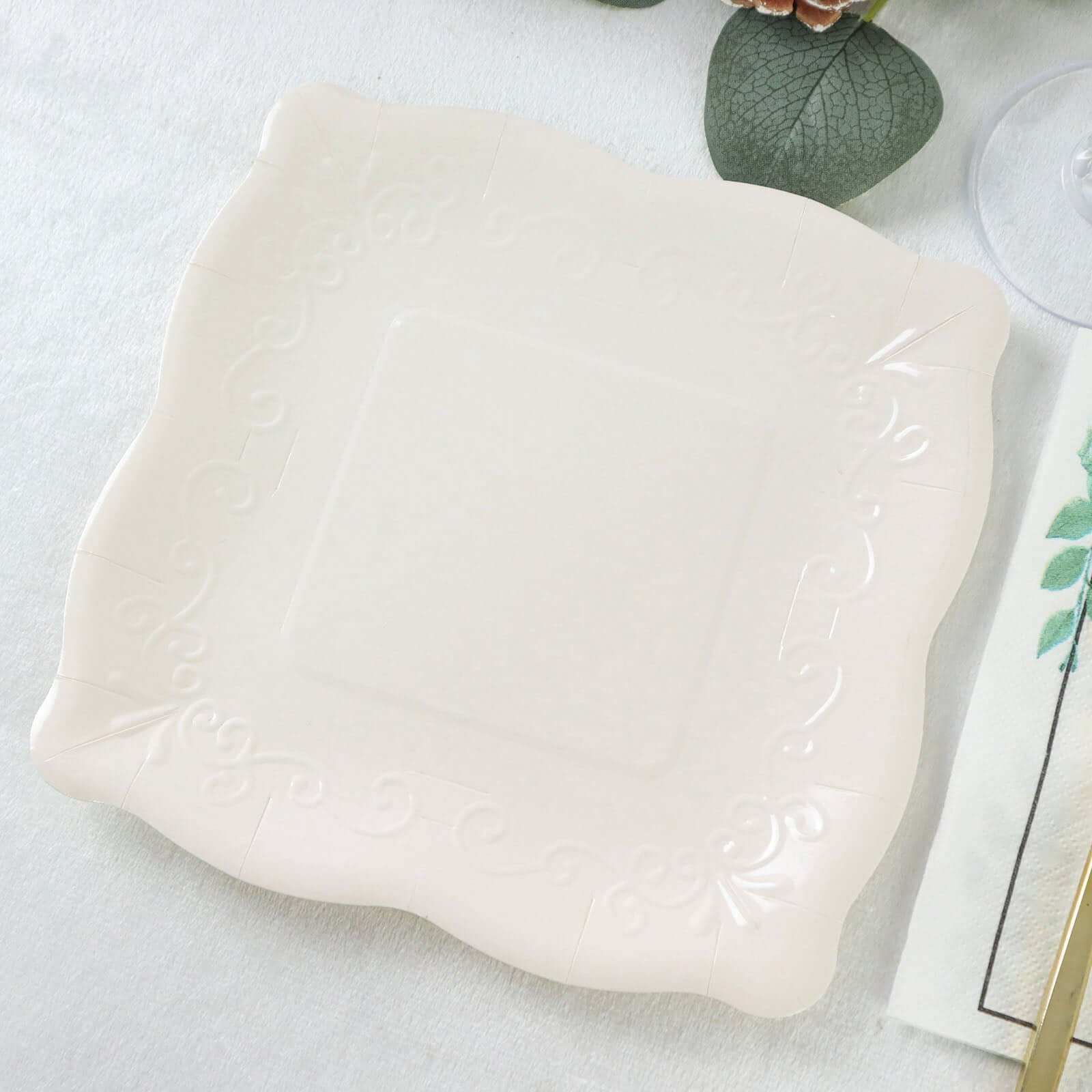 25-Pack White 7-Inch Square Disposable Dessert Plates with Vintage Pottery Embossed Design - Ideal for Special Events