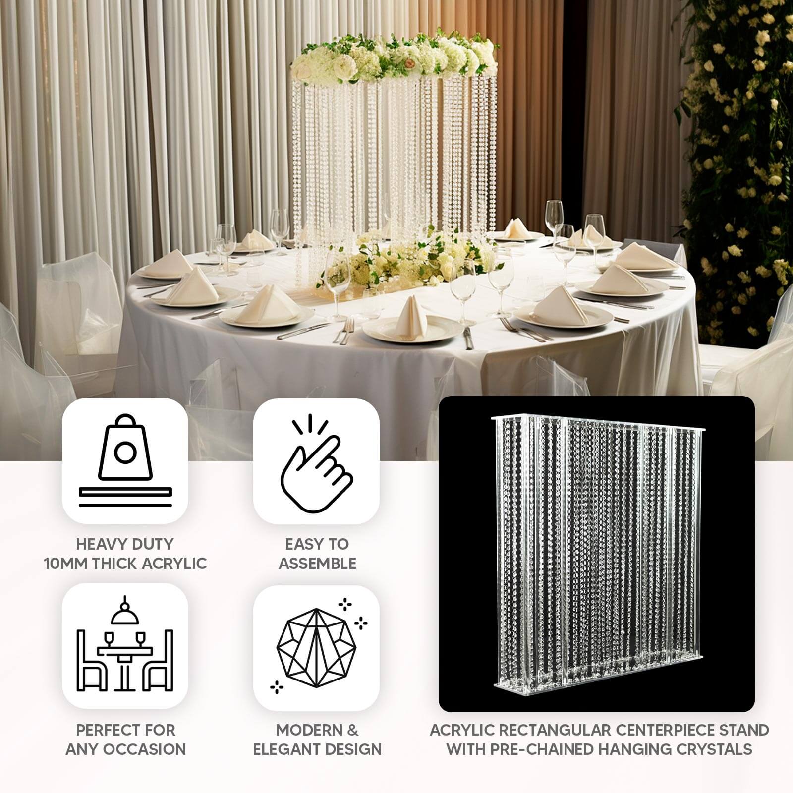 Clear Acrylic Rectangular Centerpiece Stand with Pre - chained Crystal Beads - Durable 40x40 Flower Pedestal