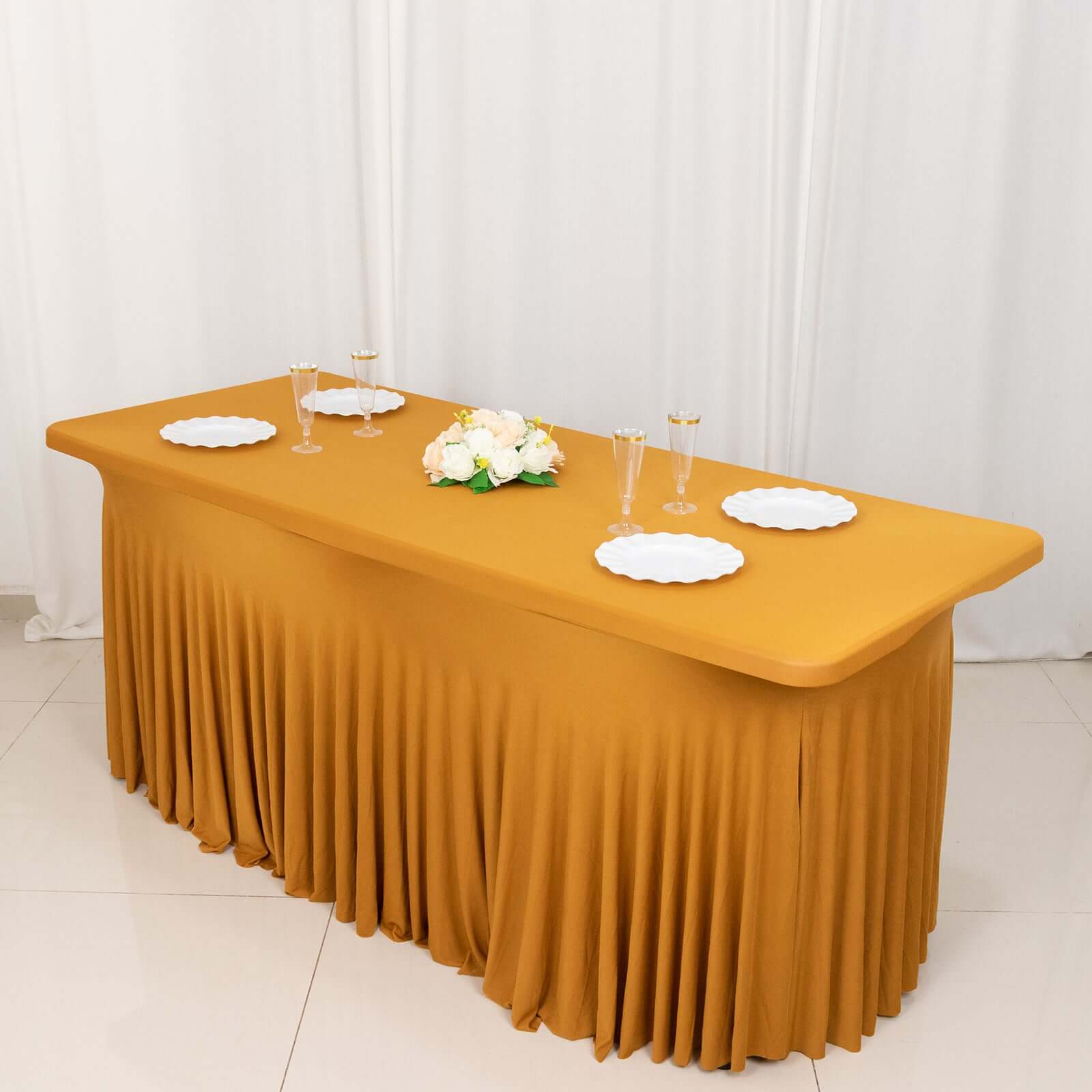 Stylish Gold Spandex Table Skirt with Wavy Effect for Weddings, Banquets & Shows
