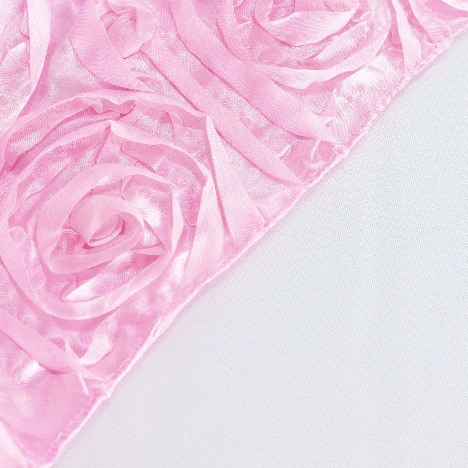 Pink 72x72 Satin Square Table Overlay with 3D Rosette Design