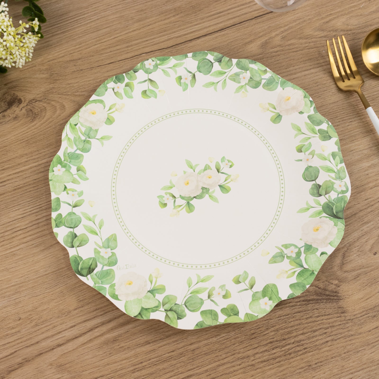 25-Pack 8-Inch White Paper Dessert Plates with Floral Greenery & Scalloped Edges - Ideal for Rustic Weddings and Garden Brunches