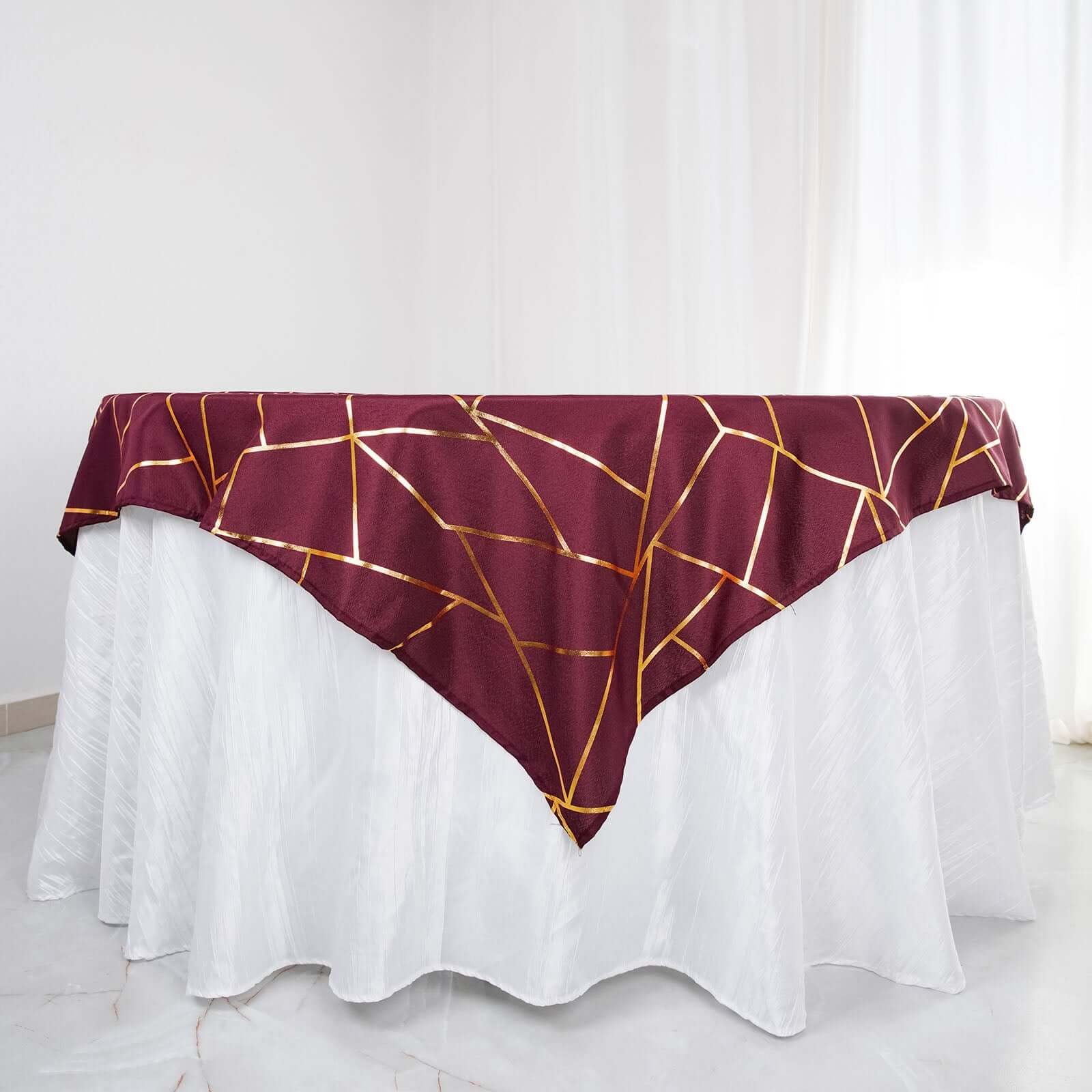 Hot! Wrinkle-Resistant & Durable Burgundy Polyester Table Overlay with Gold Foil Geometric Pattern, 54x54