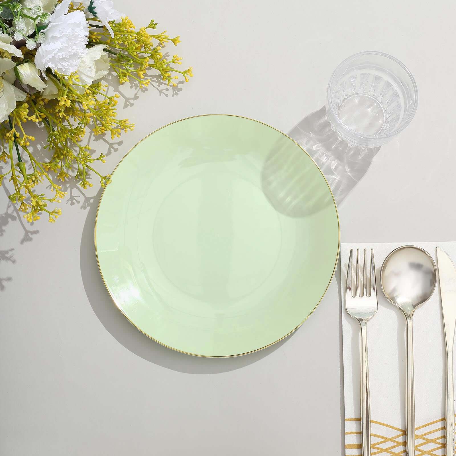 Hot Deal! 10-Pack 8" Sage Green Plastic Dessert Plates with Gold Rim - Disposable & Sturdy