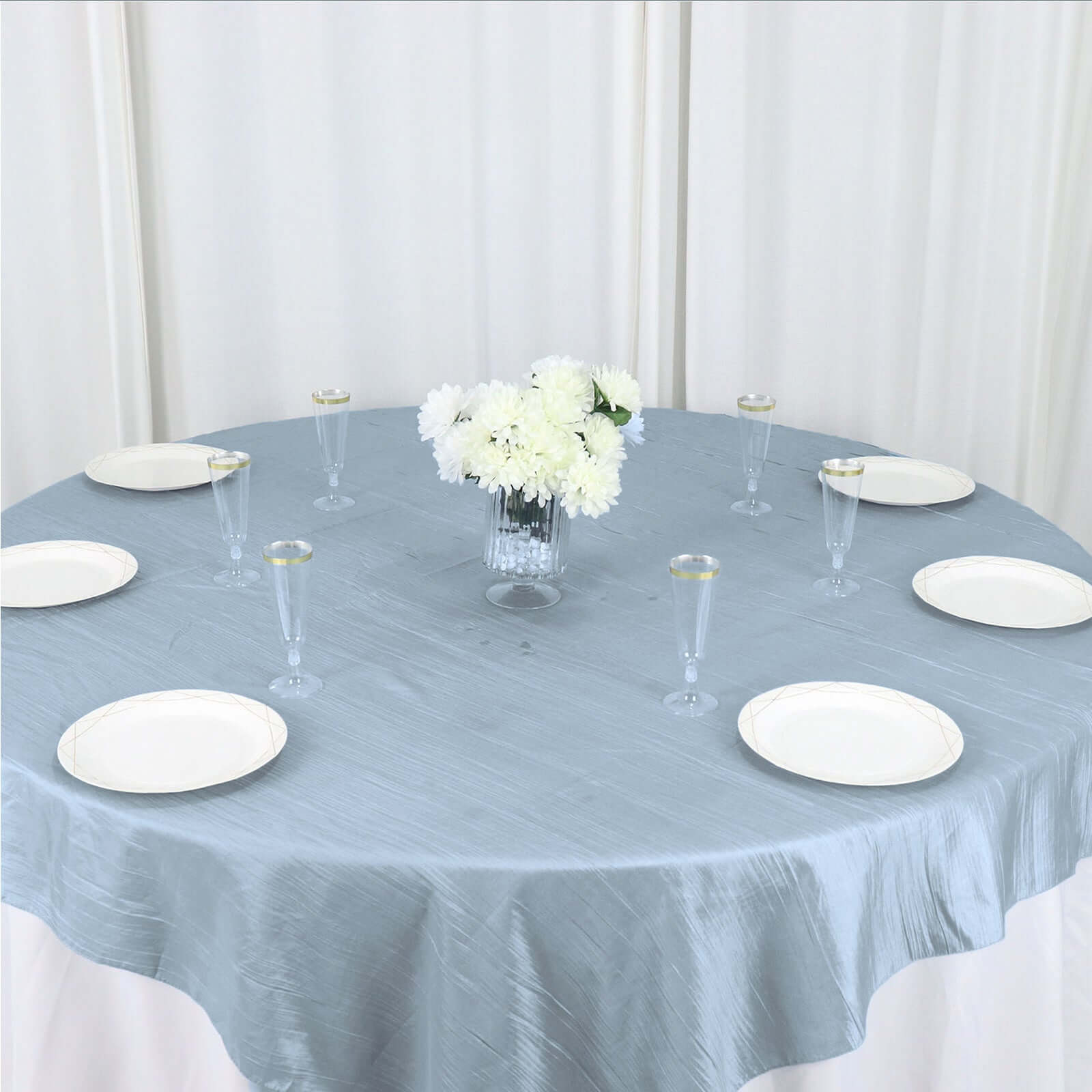 Special Offer! Dusty Blue Accordion Crinkle Taffeta Square Table Overlay 72x72