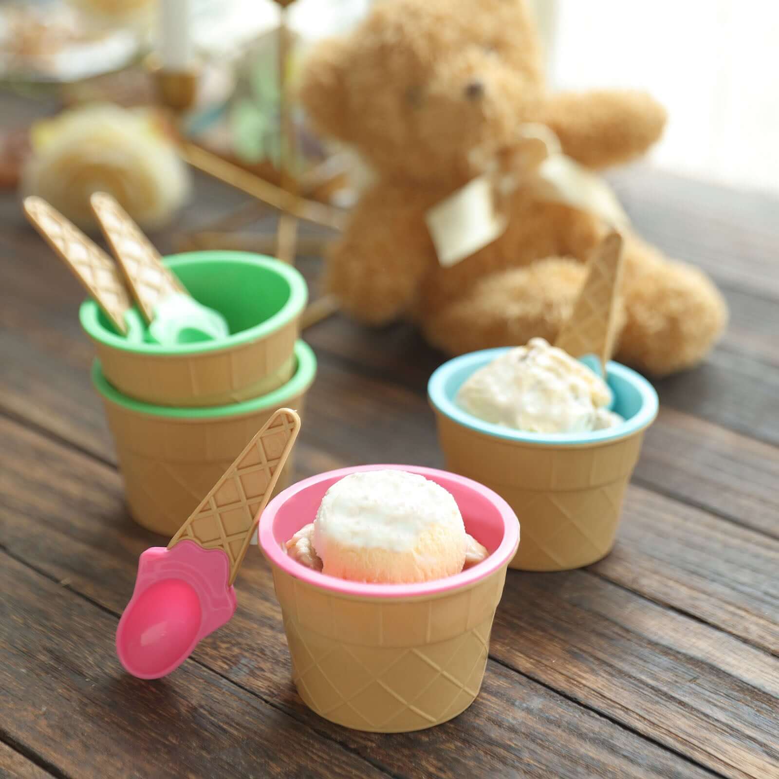 Set of 6 BPA-Free Plastic Dessert Cups with Waffle Design in Blue, Green, Pink & Matching Spoons