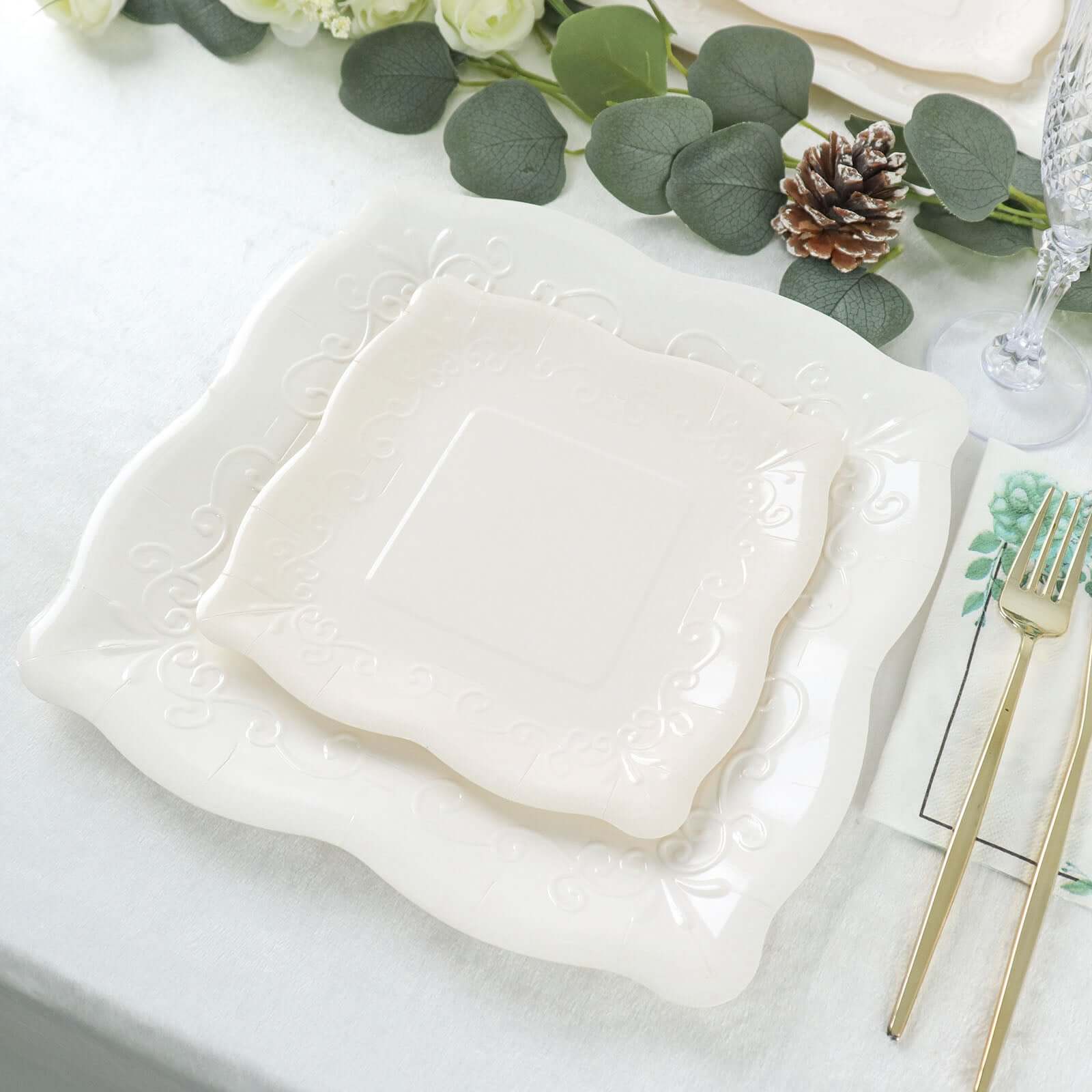 25-Pack White 7-Inch Square Disposable Dessert Plates with Vintage Pottery Embossed Design - Ideal for Special Events